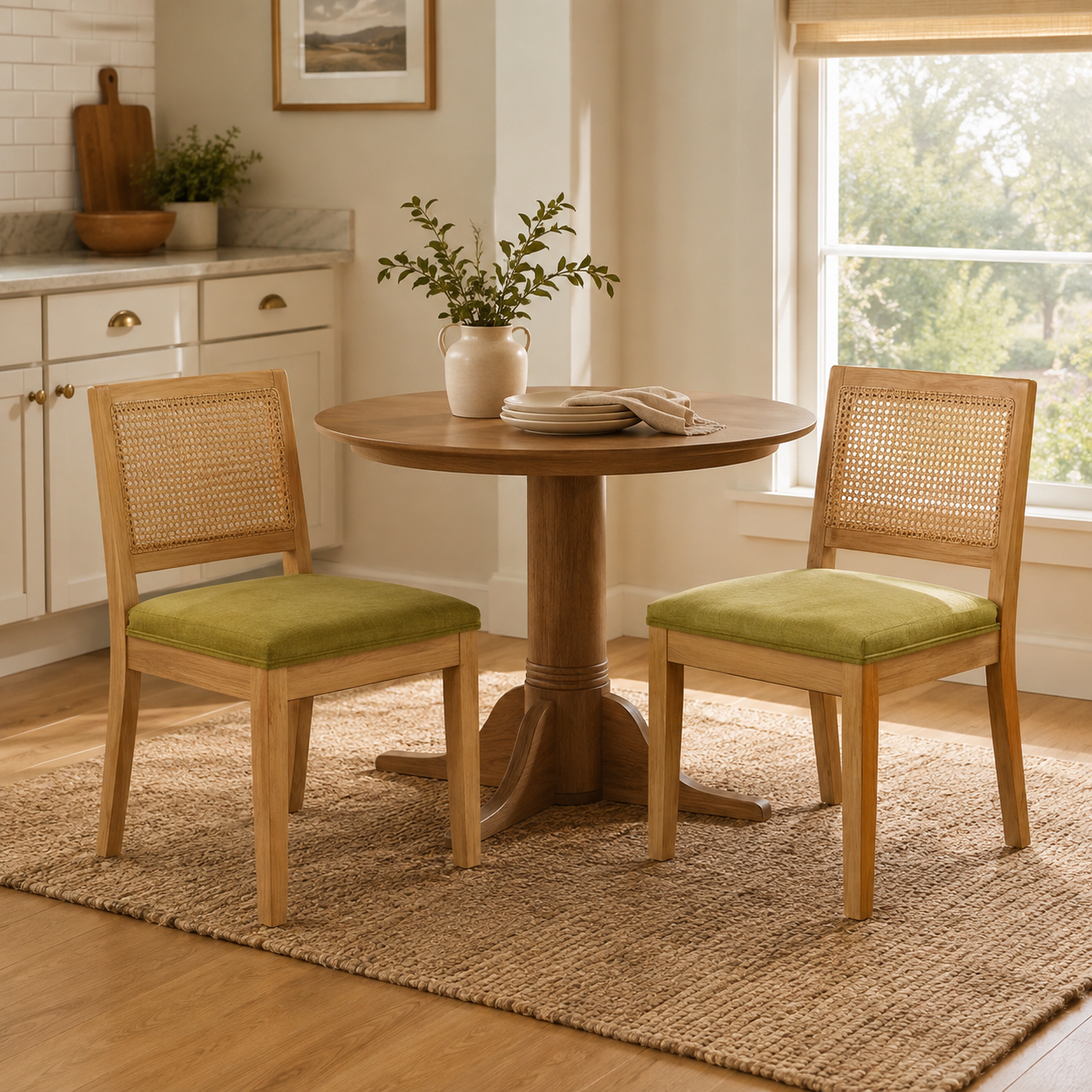 Maggiore green rattan dining chairs with solid rubberwood frames around a round wood dining table
