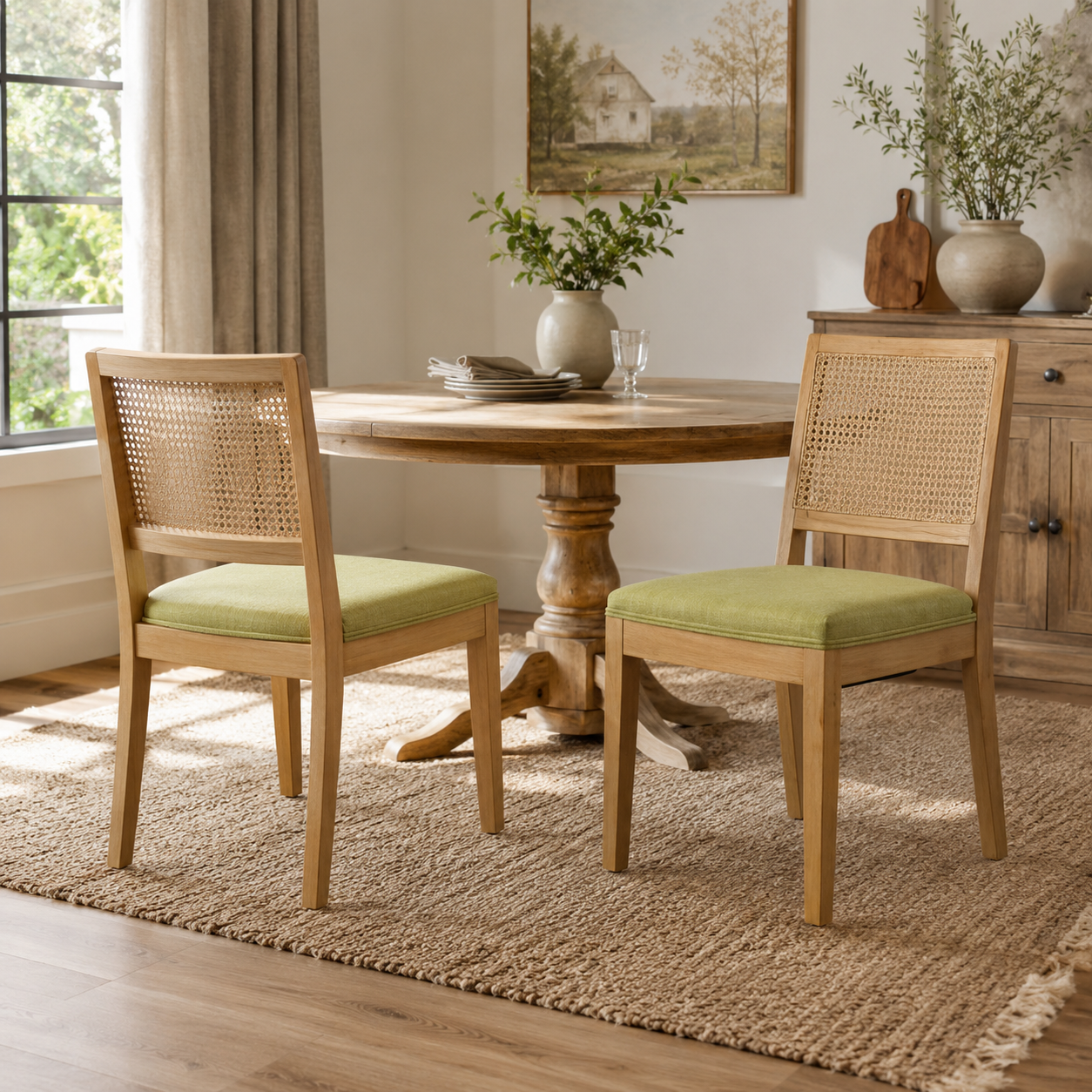 Maggiore green dining chairs with woven rattan backs in a bright natural dining room