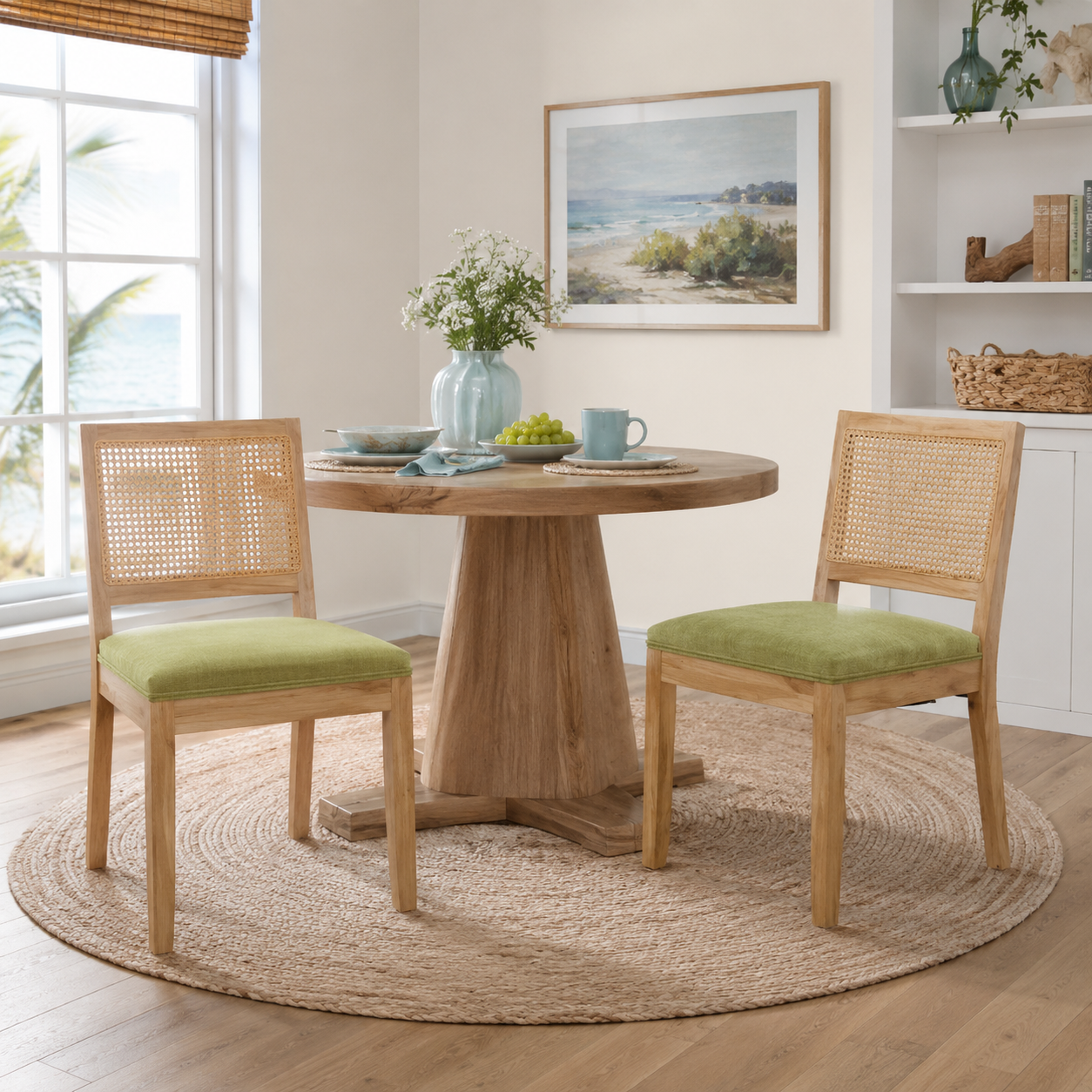 Maggiore green rattan dining chairs beside a wood table in a warm modern dining space