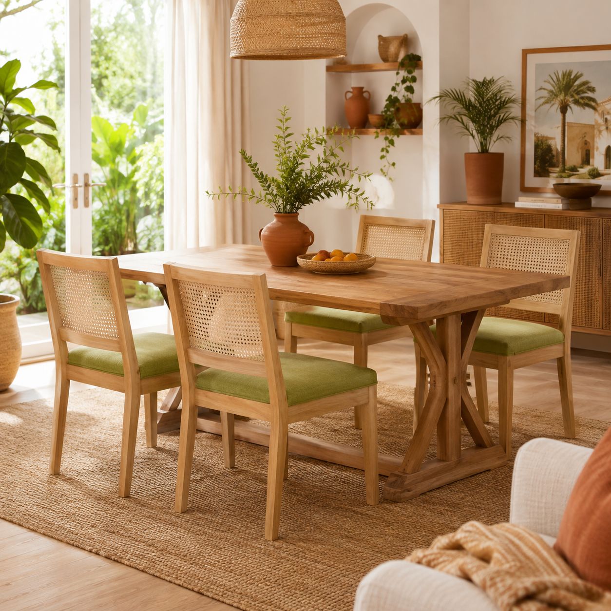 Maggiore green dining chair set in a sunlit room with natural wood furniture and plants