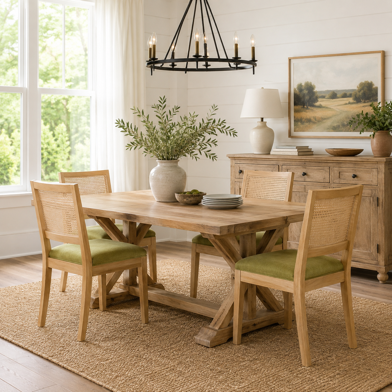 Maggiore green dining chair set in a sunlit room with natural wood furniture and plants