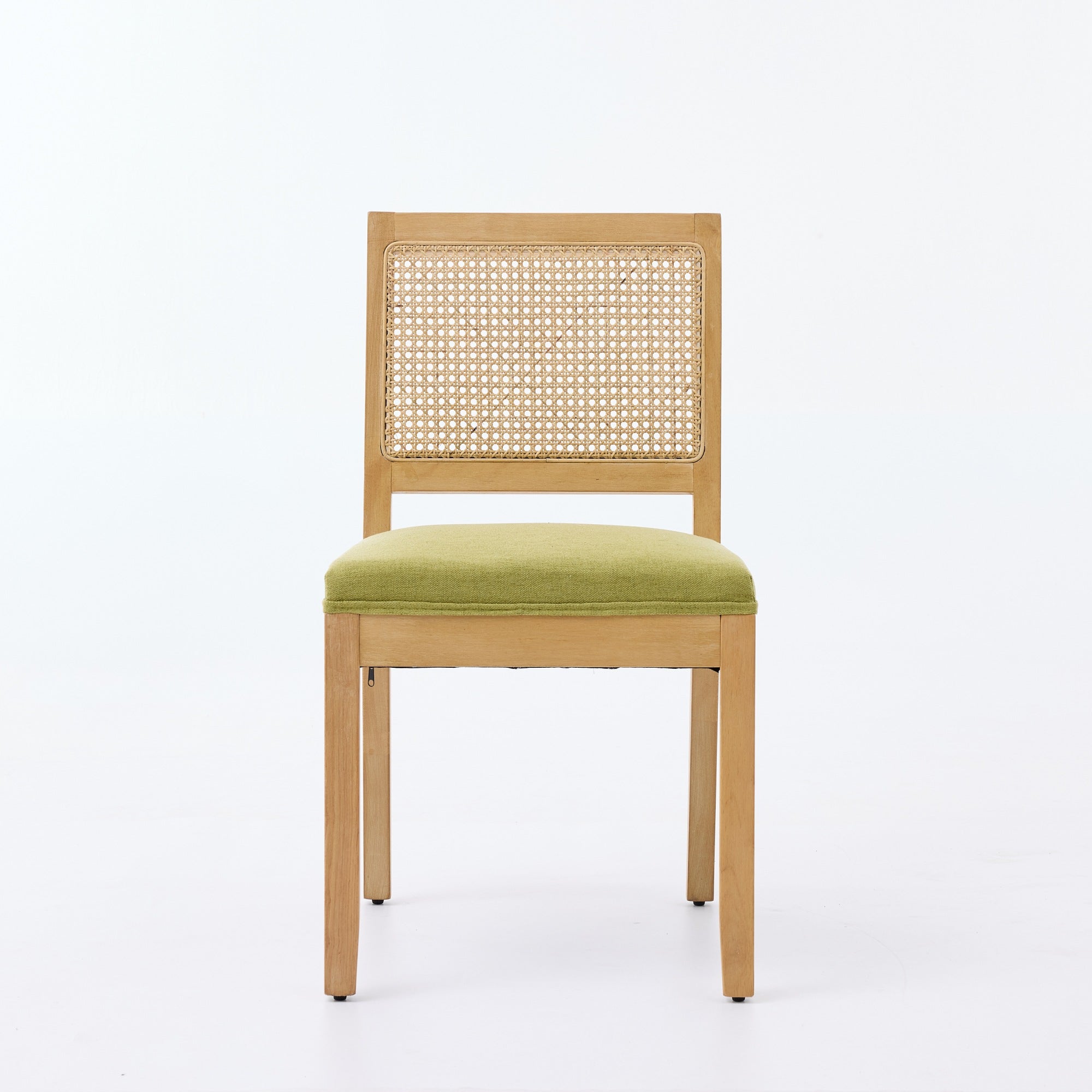 Maggiore green rattan dining chair straight front view with solid rubberwood frame on white background