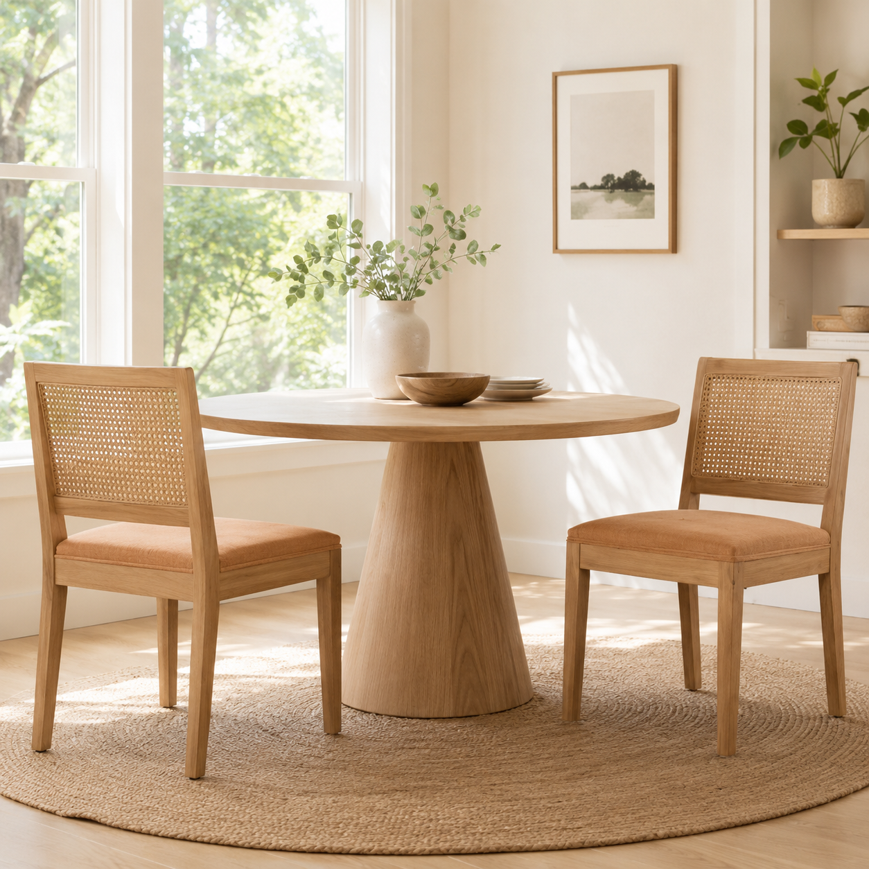 Maggiore orange rattan dining chairs with solid rubberwood frames around a wood dining table