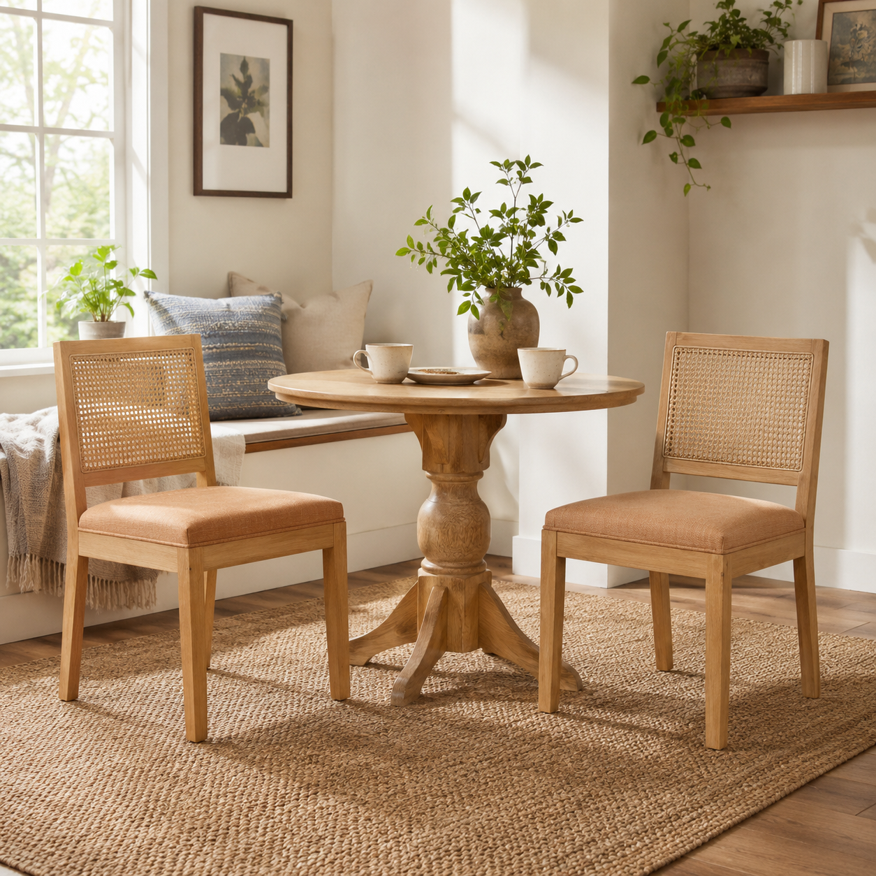 Maggiore orange dining chairs with woven rattan backs in a bright contemporary dining room