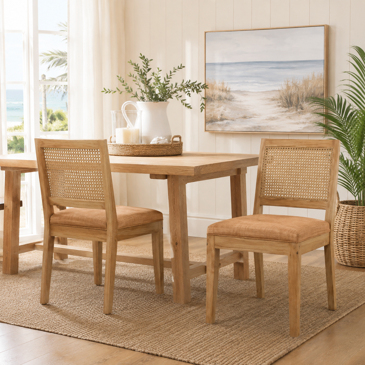 Maggiore orange rattan dining chairs beside a round table in a warm natural dining space
