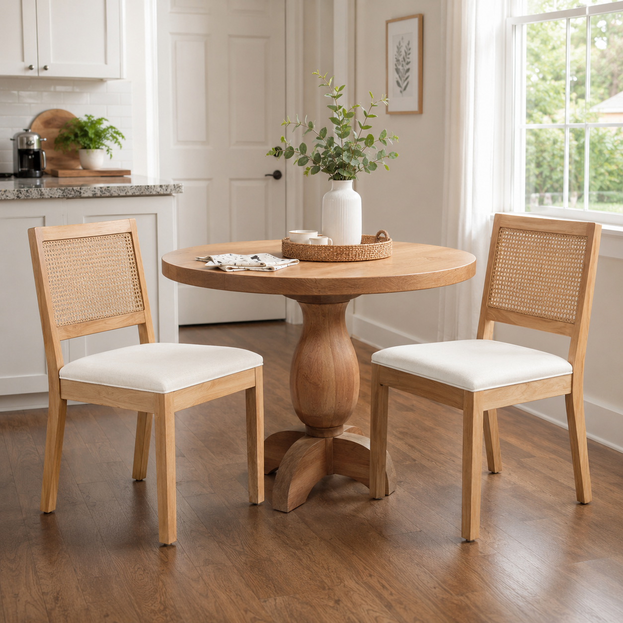 Maggiore white rattan dining chairs with solid rubberwood frames around a round dining table