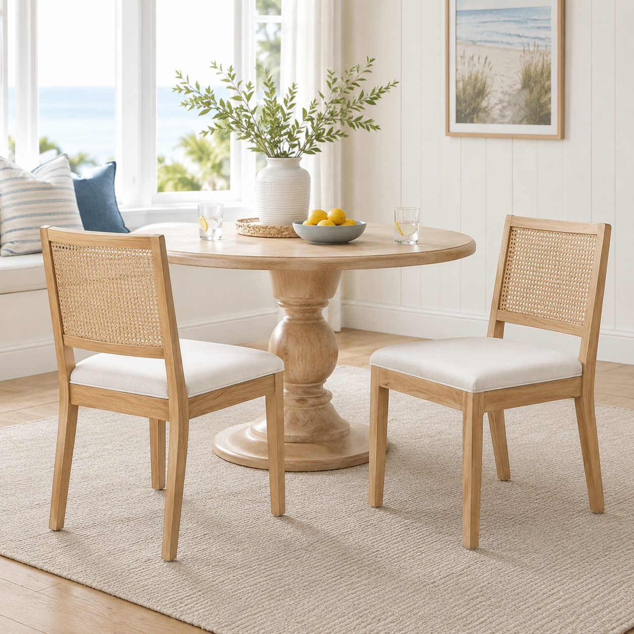 Maggiore white dining chairs with woven rattan backs in a bright neutral dining room