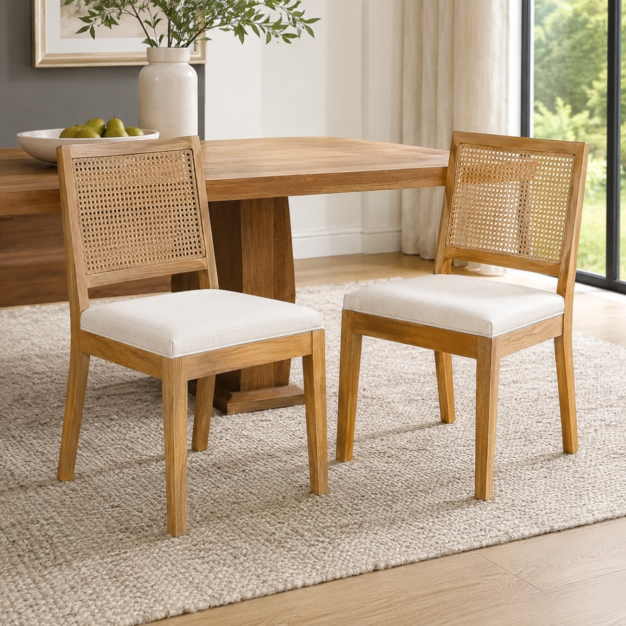 Maggiore white rattan dining chairs beside a wood table in a sunlit dining space