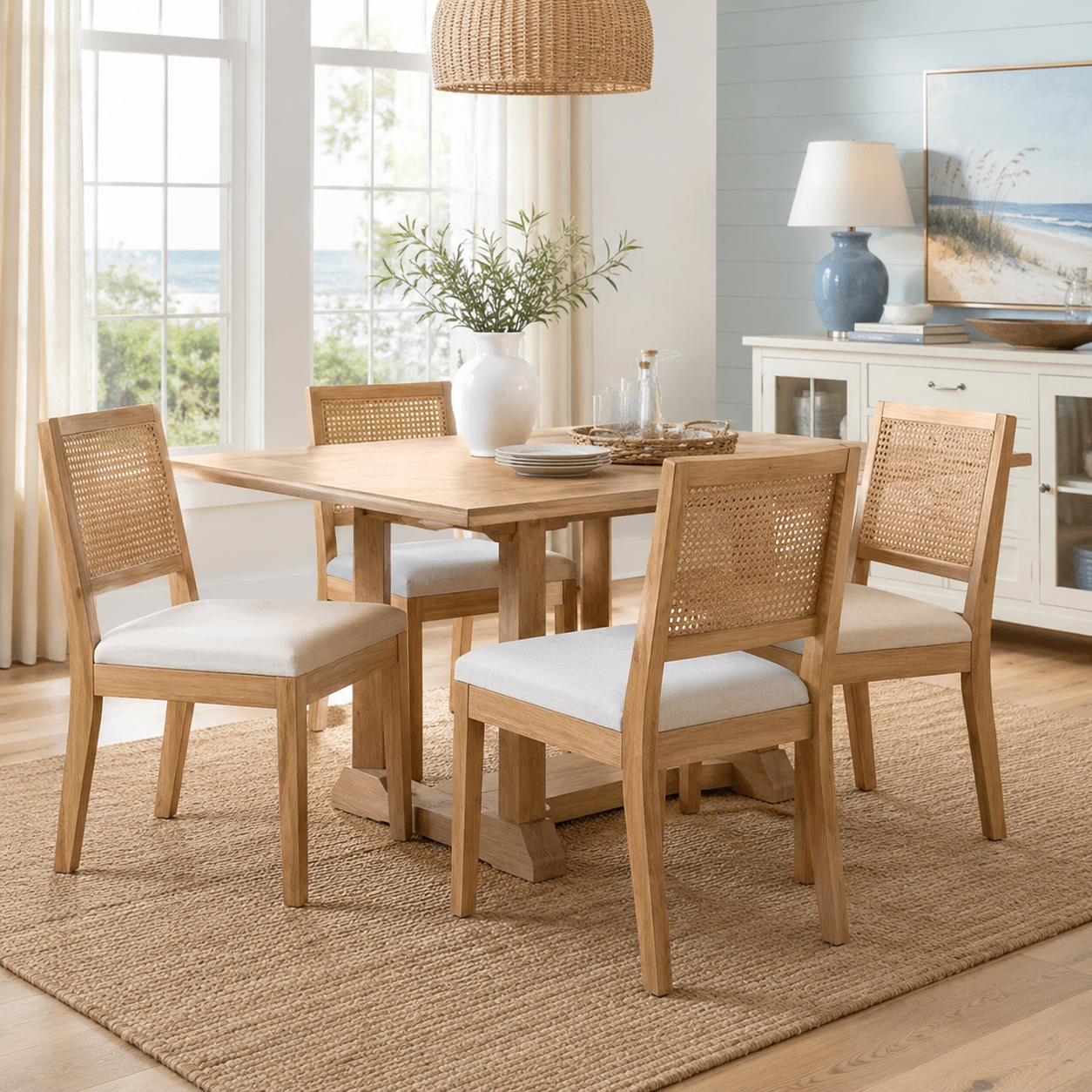 Maggiore white dining chair set in a warm modern dining room with natural wood accents