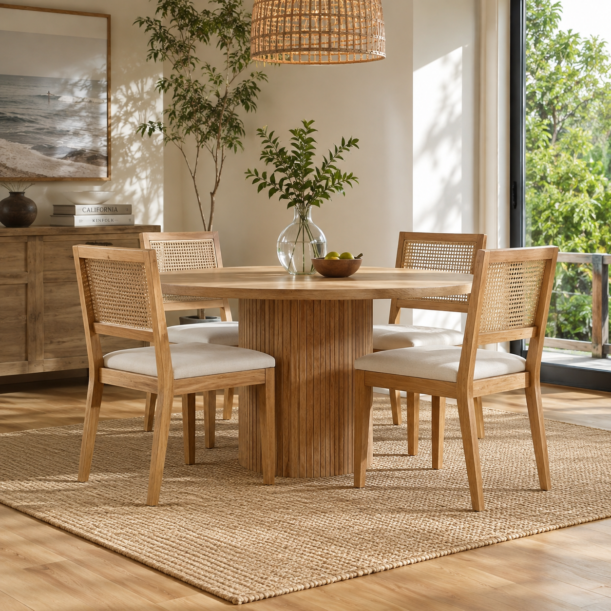 Maggiore white dining chair set in a warm modern dining room with natural wood accents