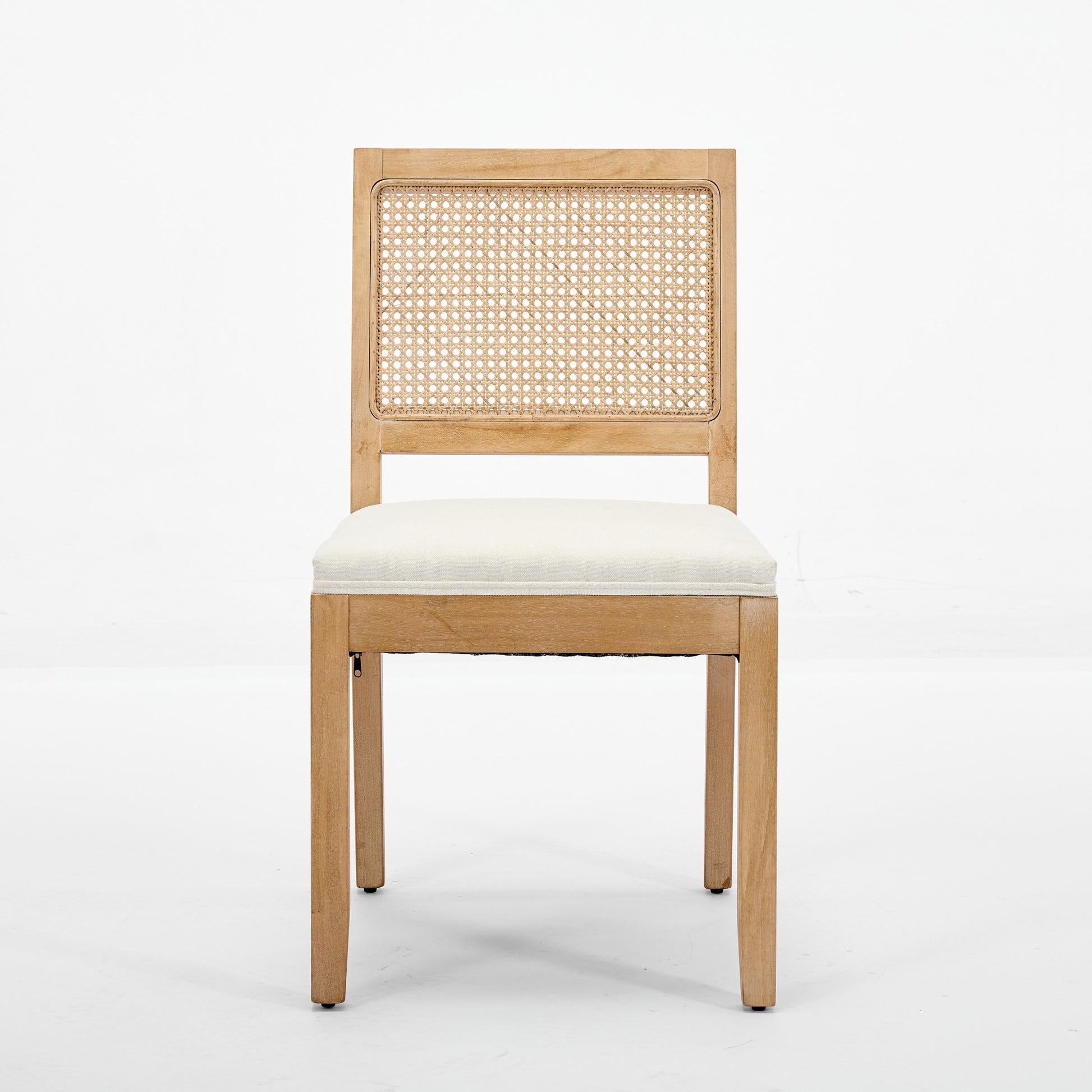 Maggiore white rattan dining chair straight front view with solid rubberwood frame on white background