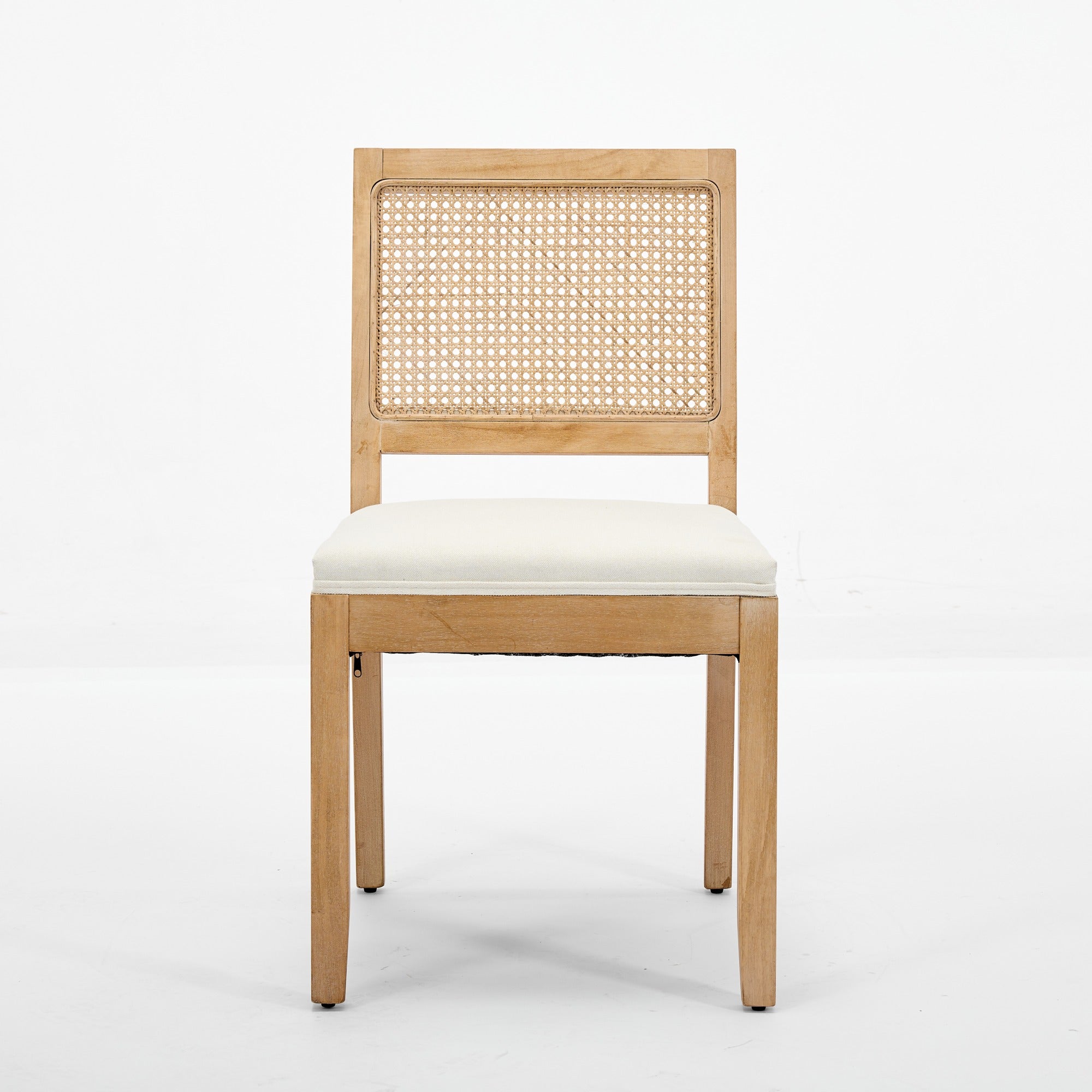 Maggiore white rattan dining chair straight front view with solid rubberwood frame on white background