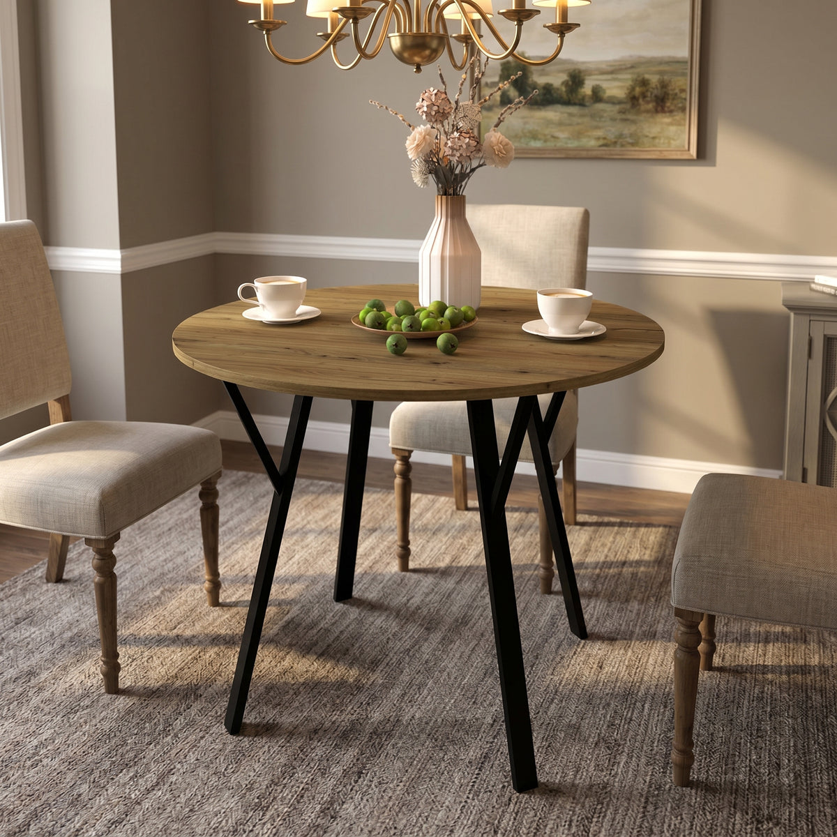Malawi brown dining table in elegant dining room with upholstered chairs