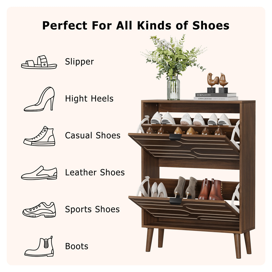 Maple walnut shoe cabinet showing storage for slippers, high heels, casual shoes, leather shoes, sports shoes and boots