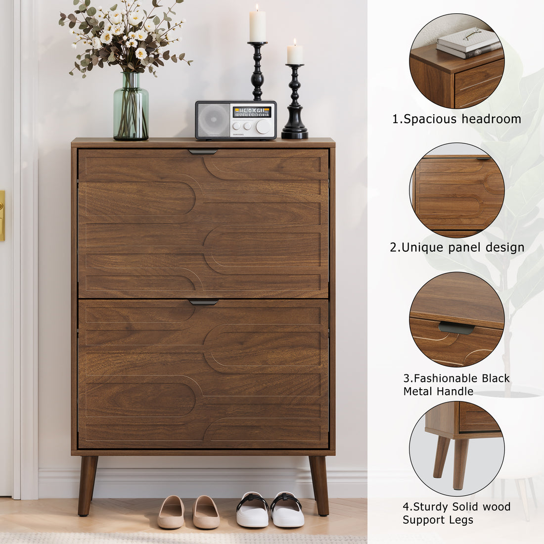 Maple walnut shoe cabinet showing spacious top surface, unique panel design, black metal handle and solid wood legs