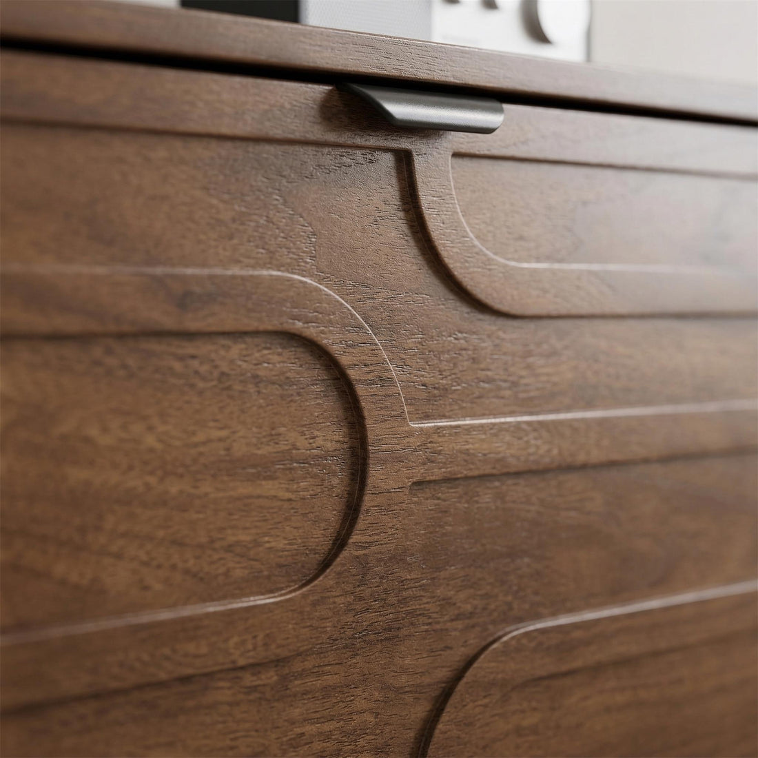 Maple walnut shoe cabinet showing decorative wood panel and black metal handle detail