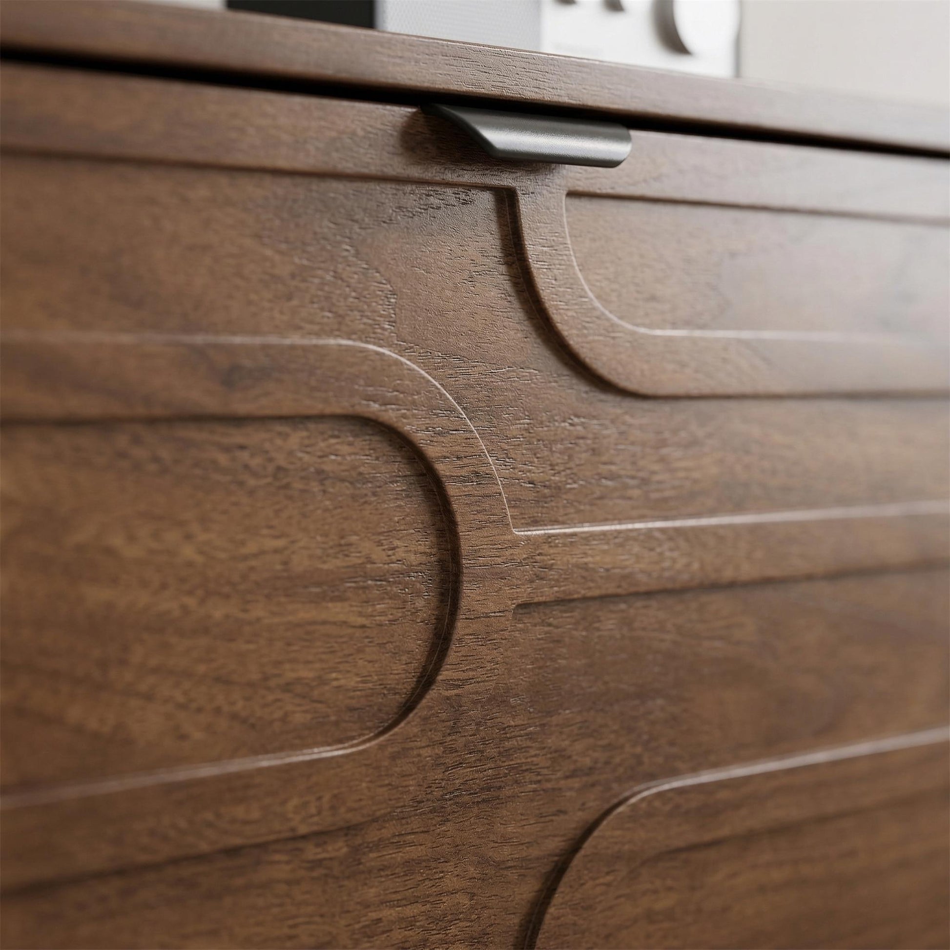 Maple walnut shoe cabinet showing decorative wood panel and black metal handle detail