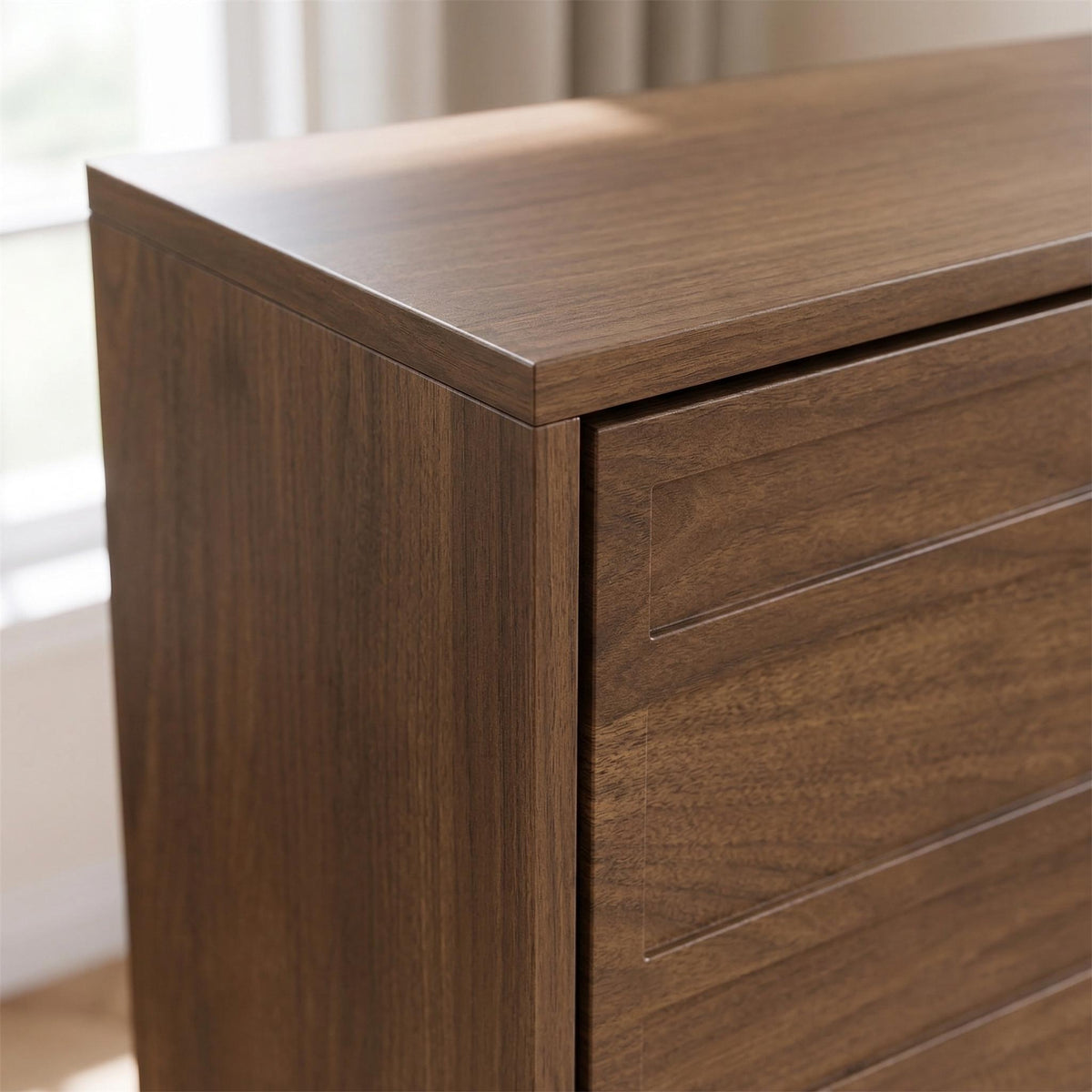 Maple walnut shoe cabinet showing wood grain top and side panel detail