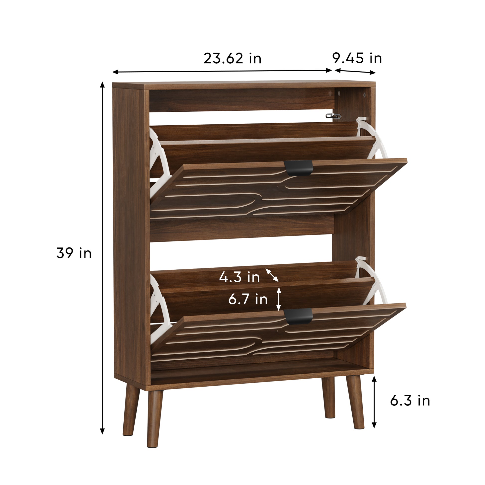 Maple walnut shoe cabinet showing product dimensions