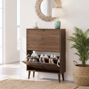 Maple walnut shoe cabinet showing a two-drawer shoe storage cabinet in a bright entryway