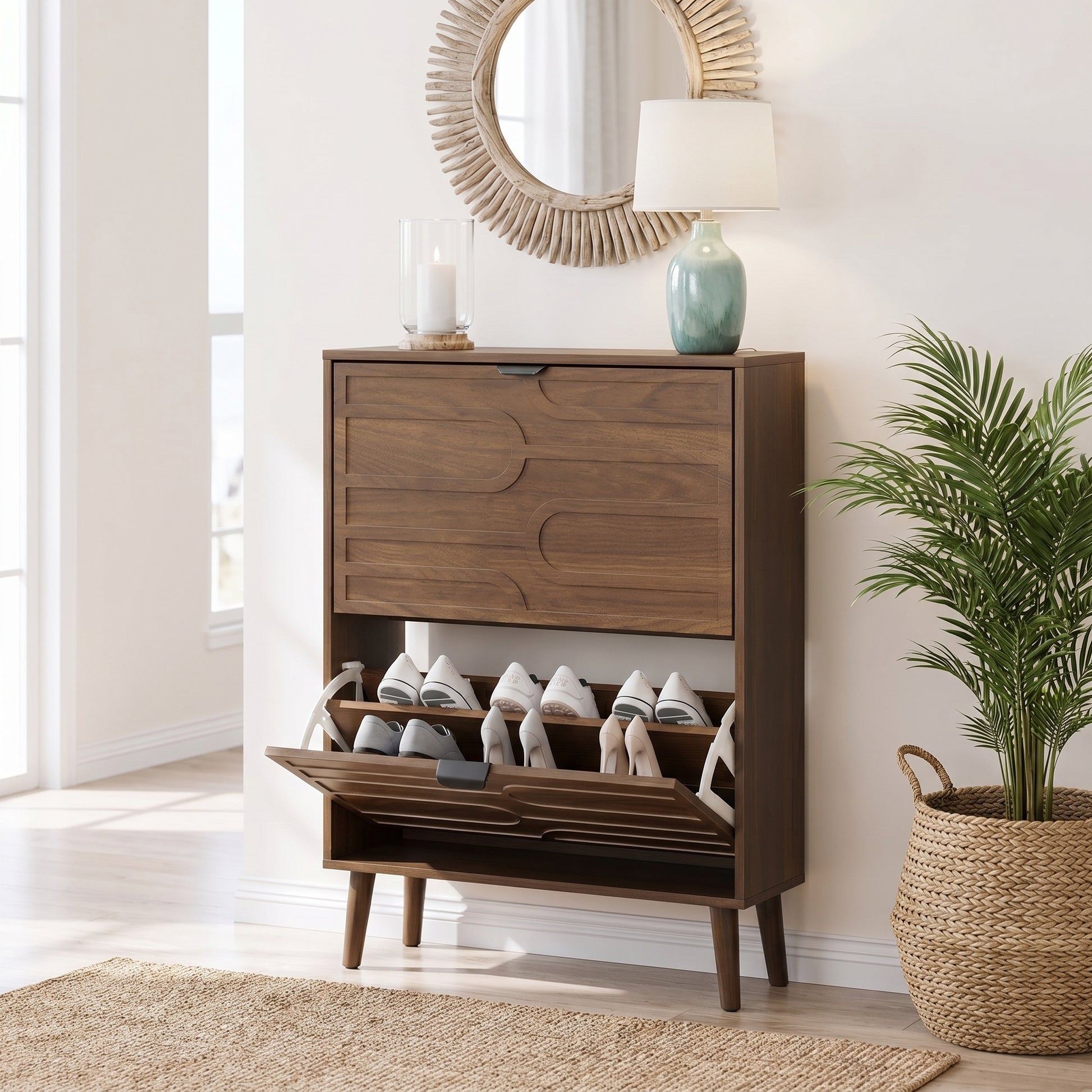 Maple walnut shoe cabinet showing a two-drawer shoe storage cabinet in a bright entryway