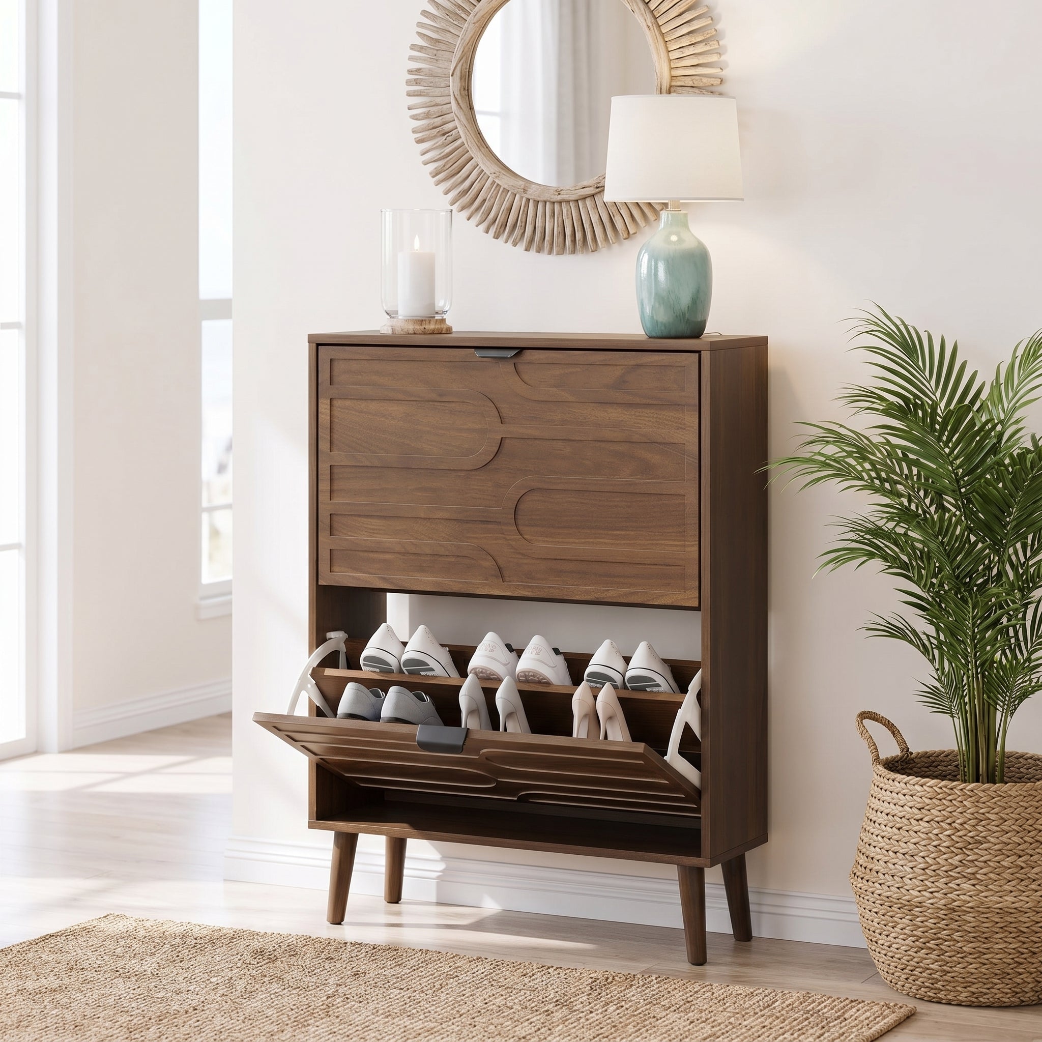 Maple walnut shoe cabinet showing a two-drawer shoe storage cabinet in a bright entryway