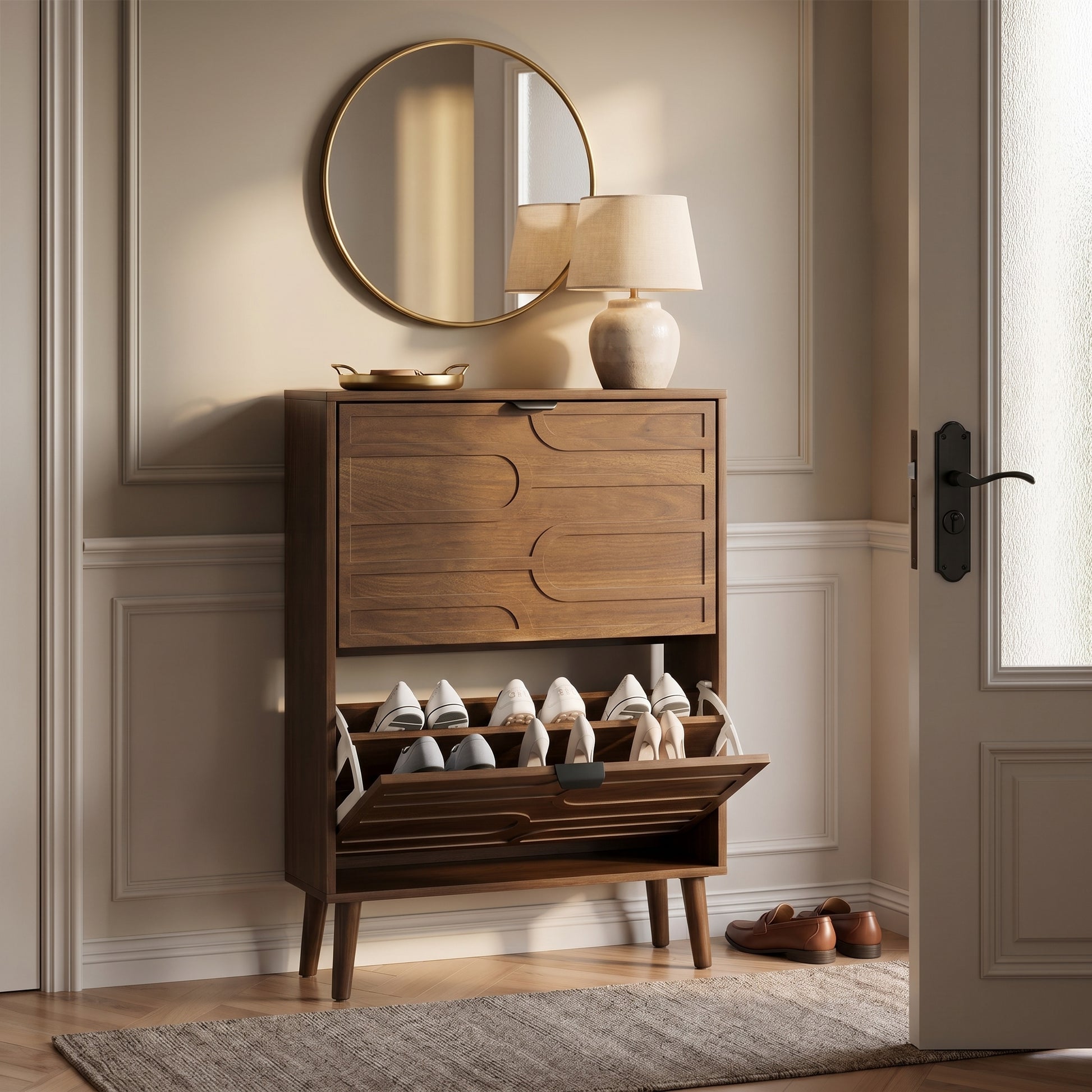 Maple walnut shoe cabinet showing a compact entryway setup with mirror and decor