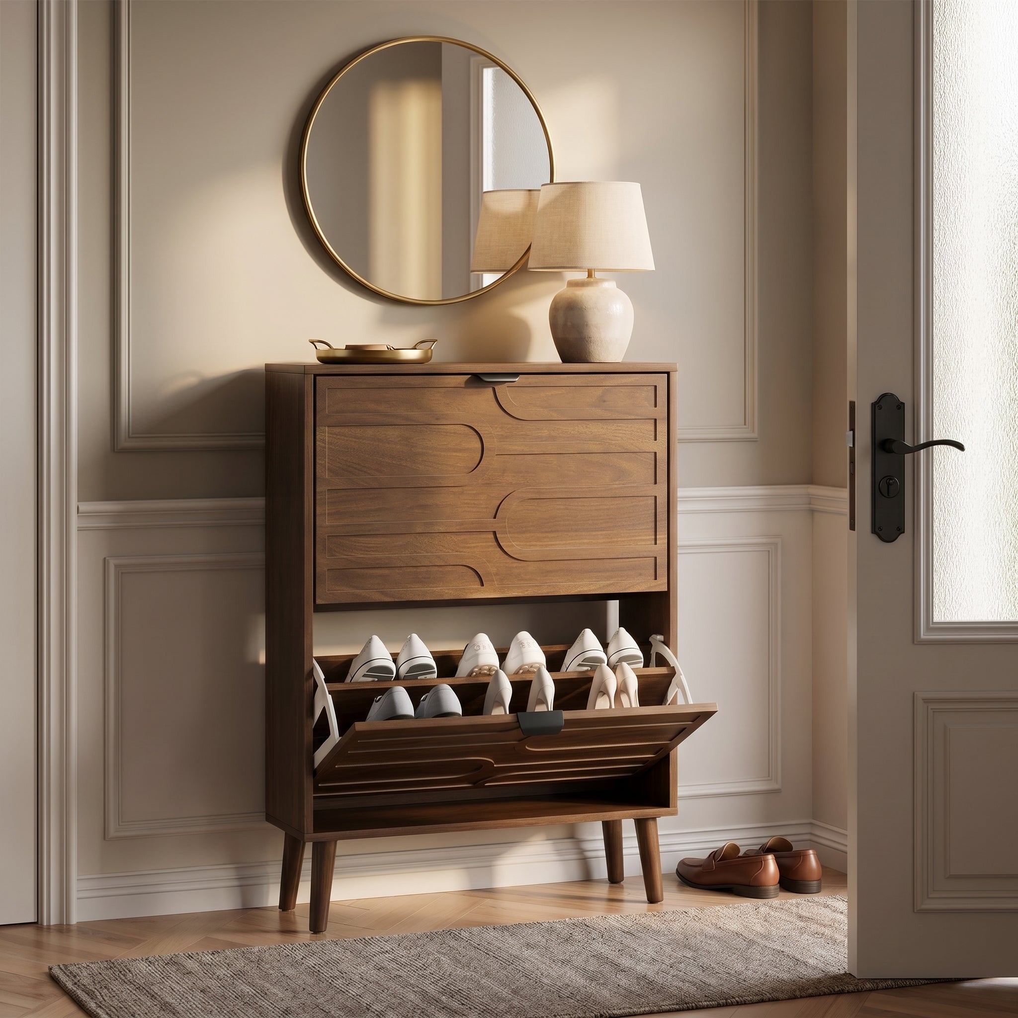 Maple walnut shoe cabinet showing a compact entryway setup with mirror and decor