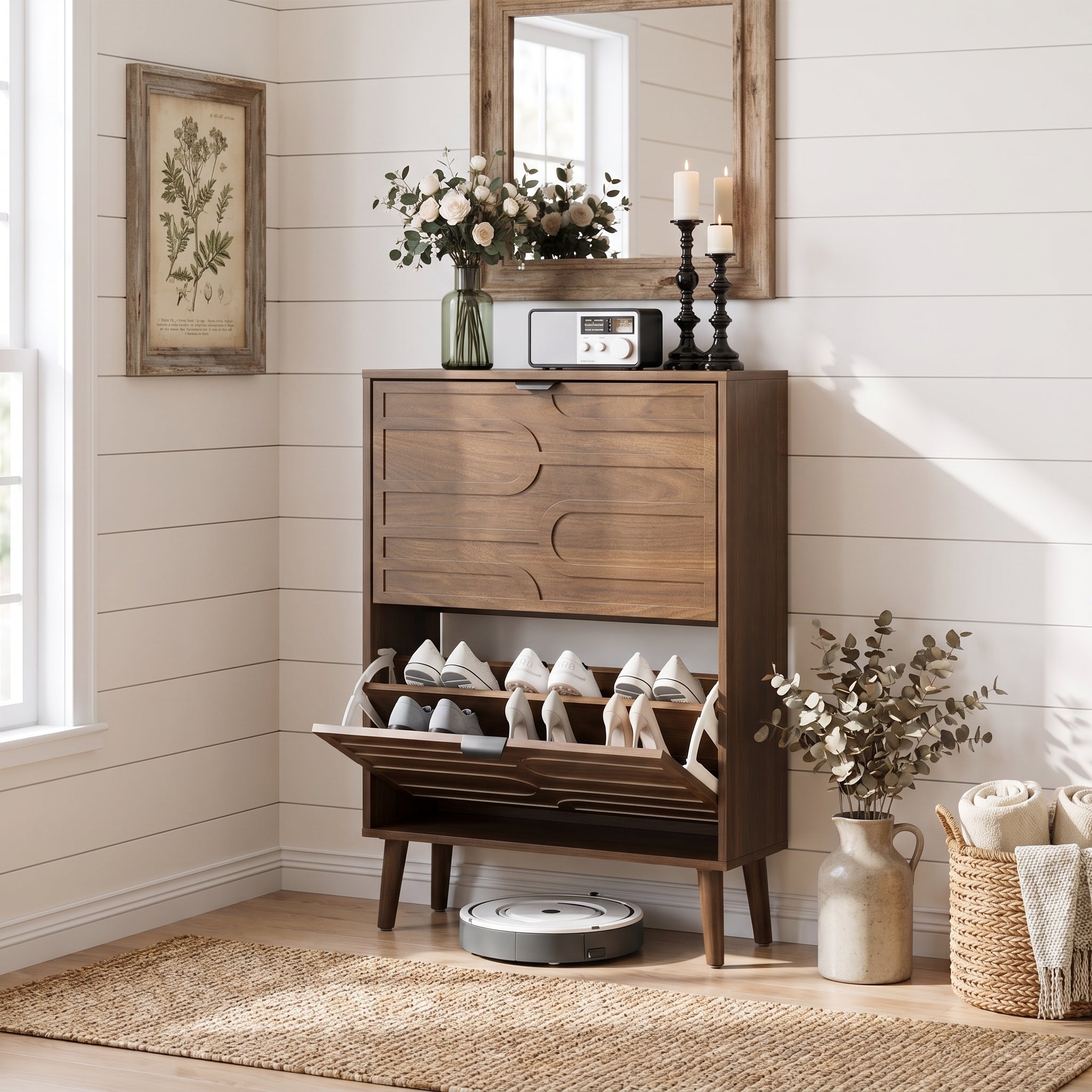 Maple walnut shoe cabinet showing organized shoe storage in a warm home interior
