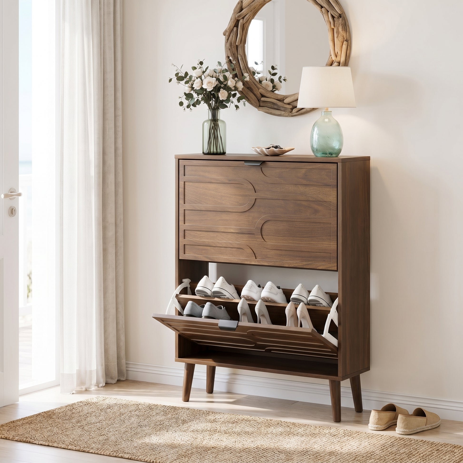 Maple walnut shoe cabinet showing a styled hallway scene with plant and wall mirror