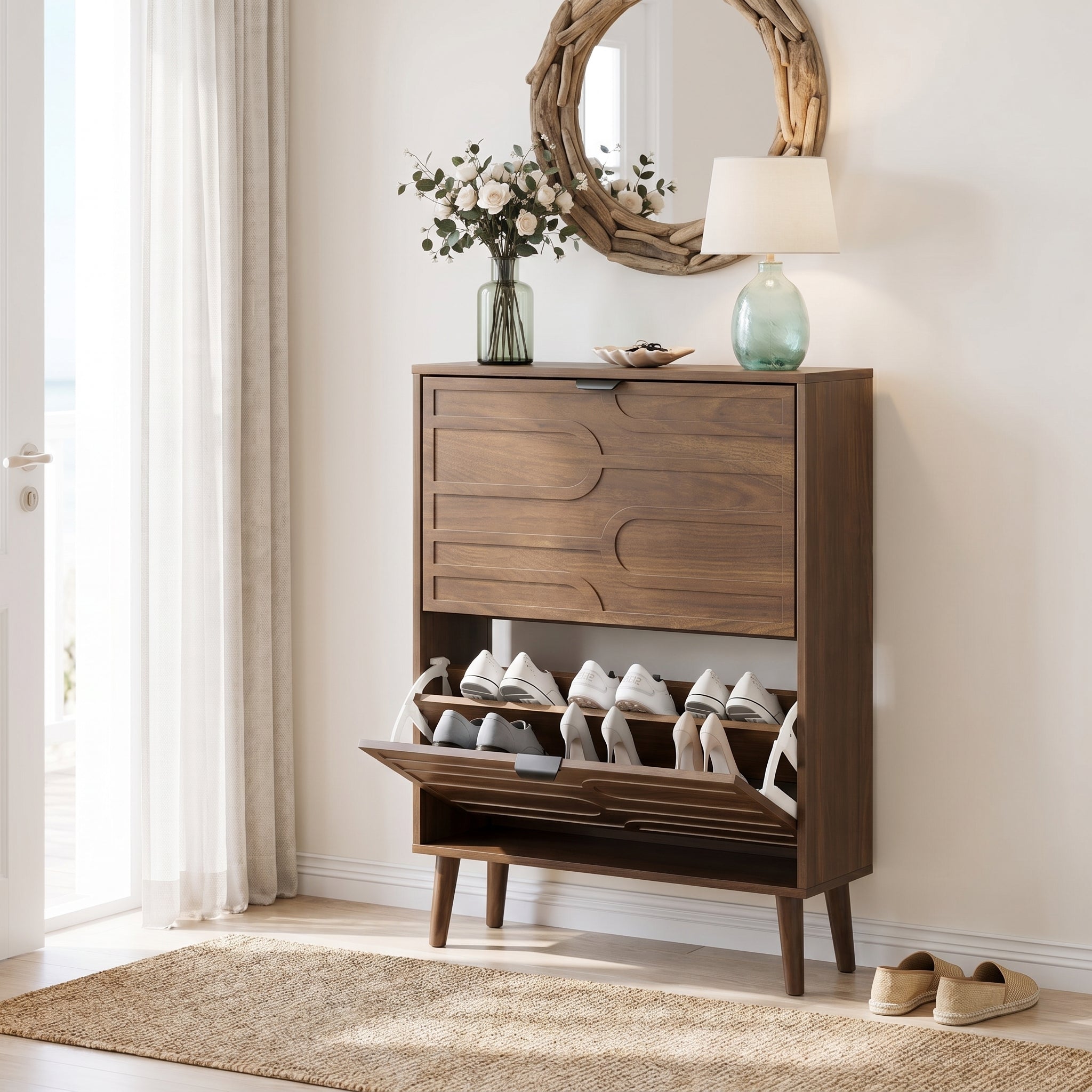 Maple walnut shoe cabinet showing a styled hallway scene with plant and wall mirror