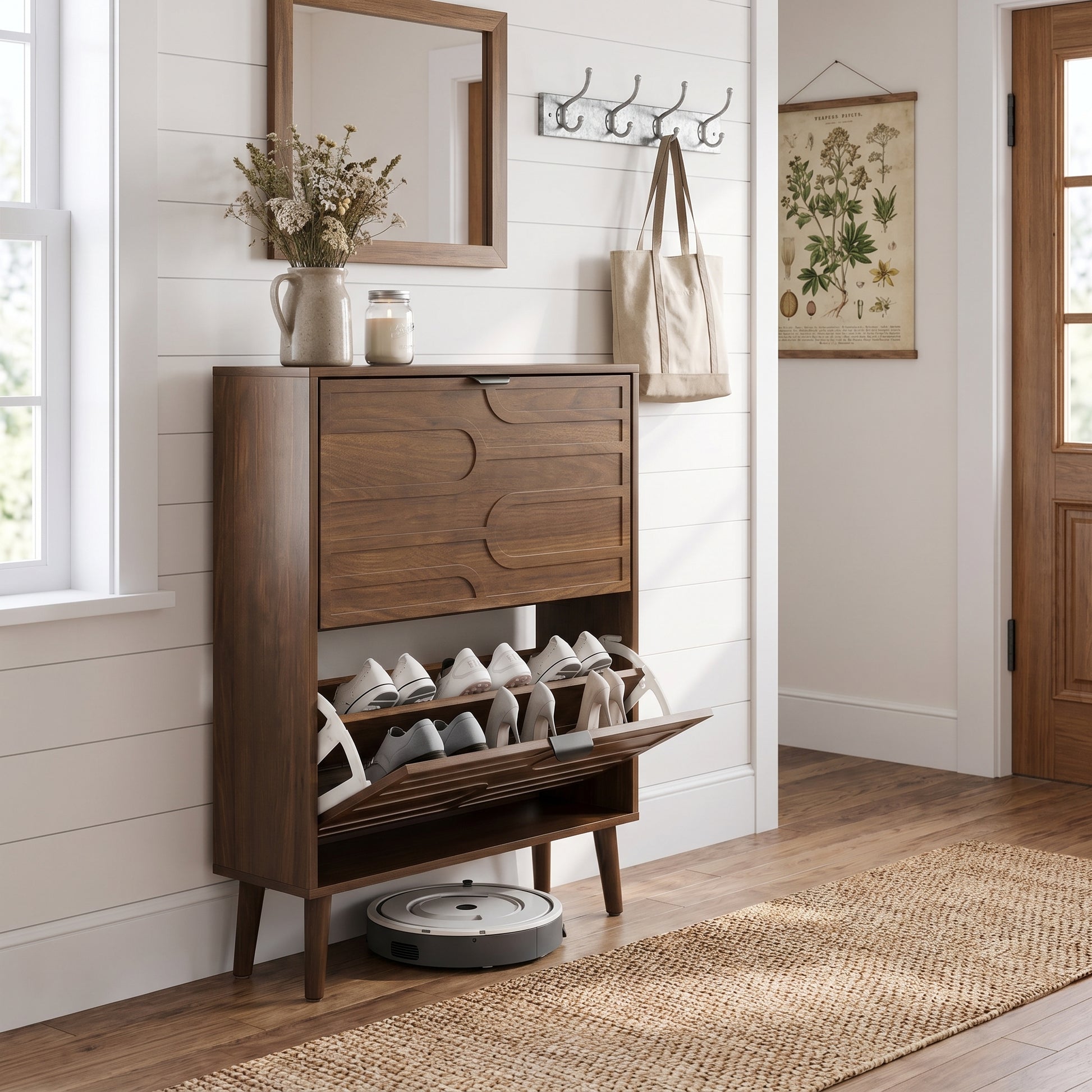 Maple walnut shoe cabinet showing a modern shoe cabinet in a bright room corner