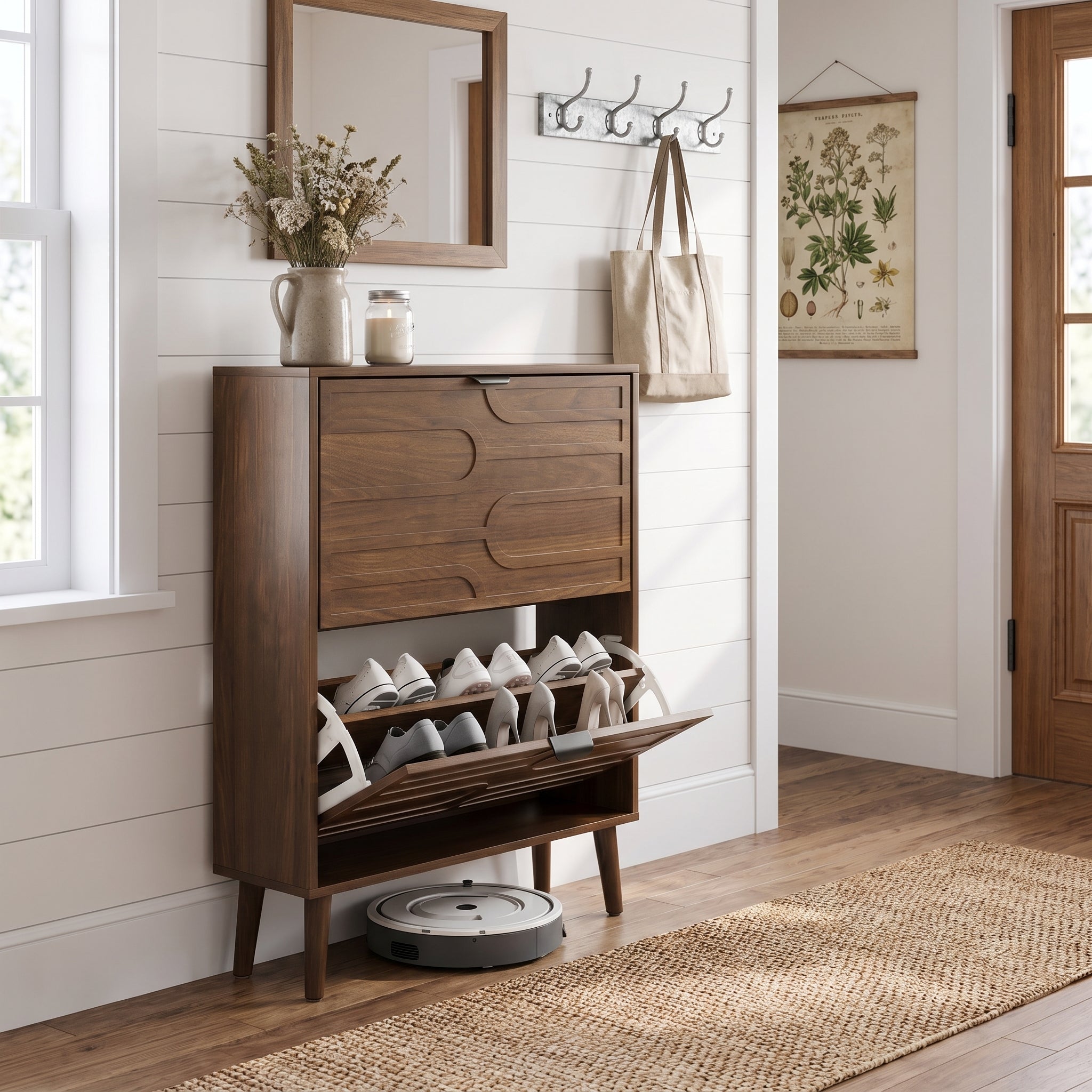 Maple walnut shoe cabinet showing a modern shoe cabinet in a bright room corner