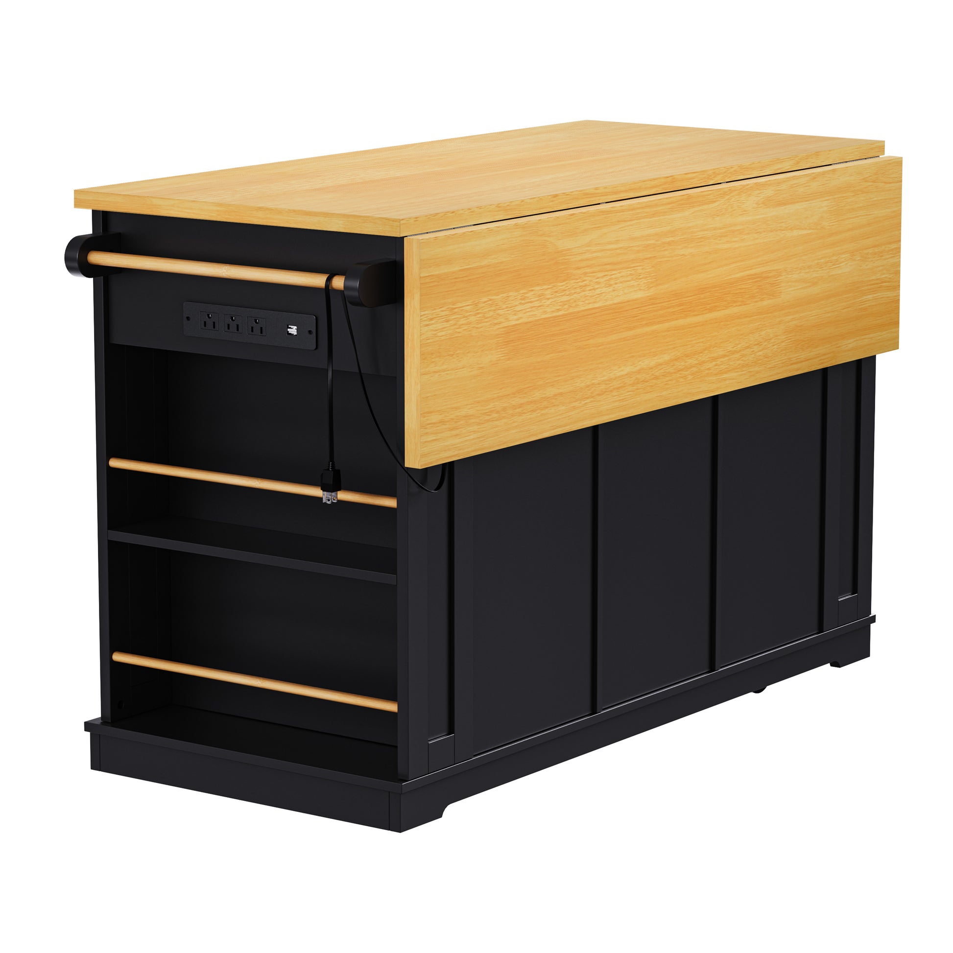 Back angle view of Maui black rolling kitchen island with folded drop leaf countertop open side spice racks built in power outlet and farmhouse panel design on white background
