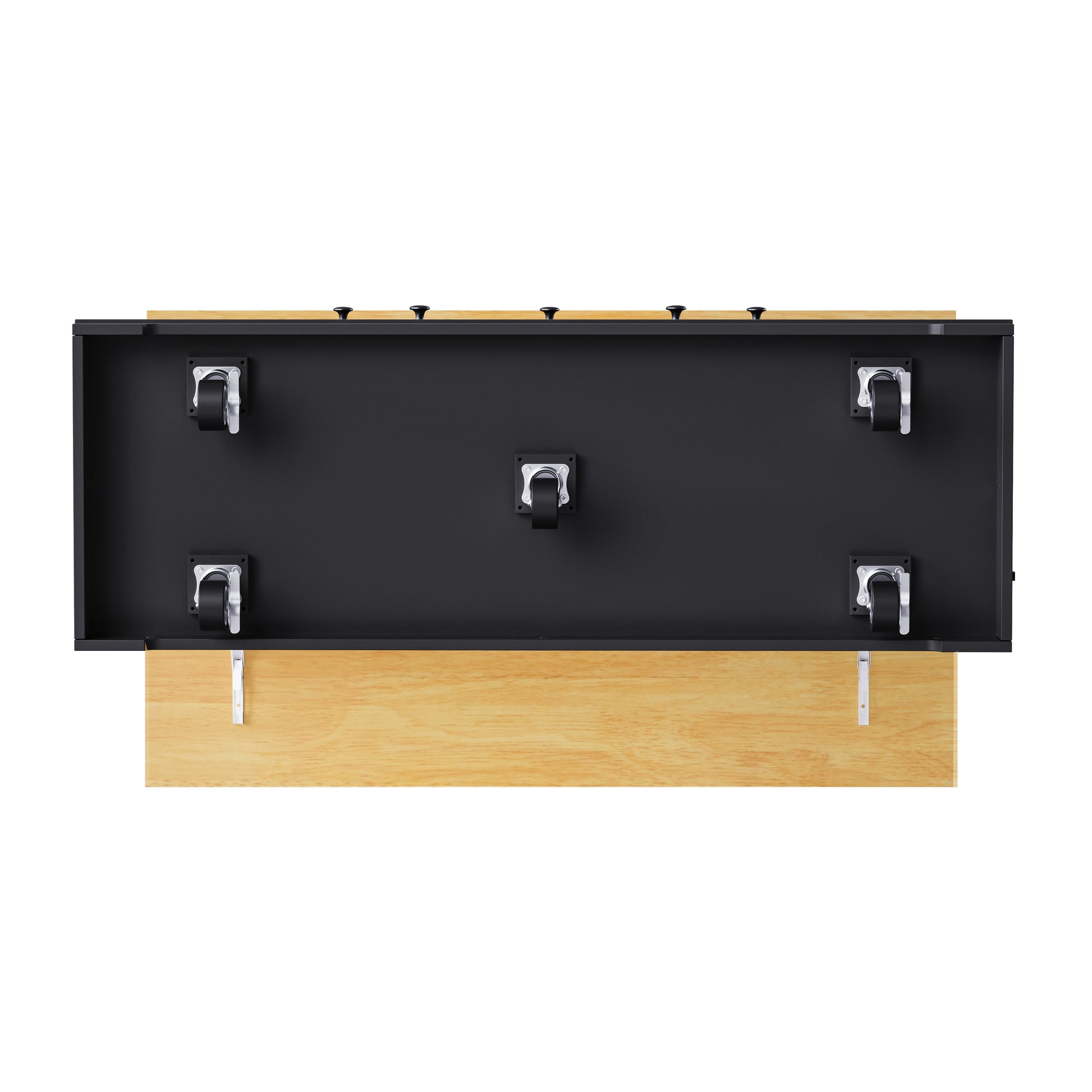 Bottom view of Maui black rolling kitchen island showing five locking caster wheels and foldable drop leaf support brackets on white background