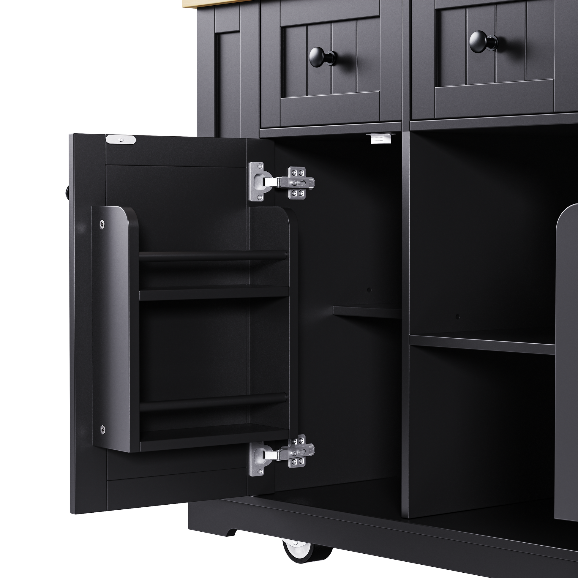 Close-up of Maui black rolling kitchen island featuring interior door storage rack, adjustable cabinet shelves and soft-close hinge detail