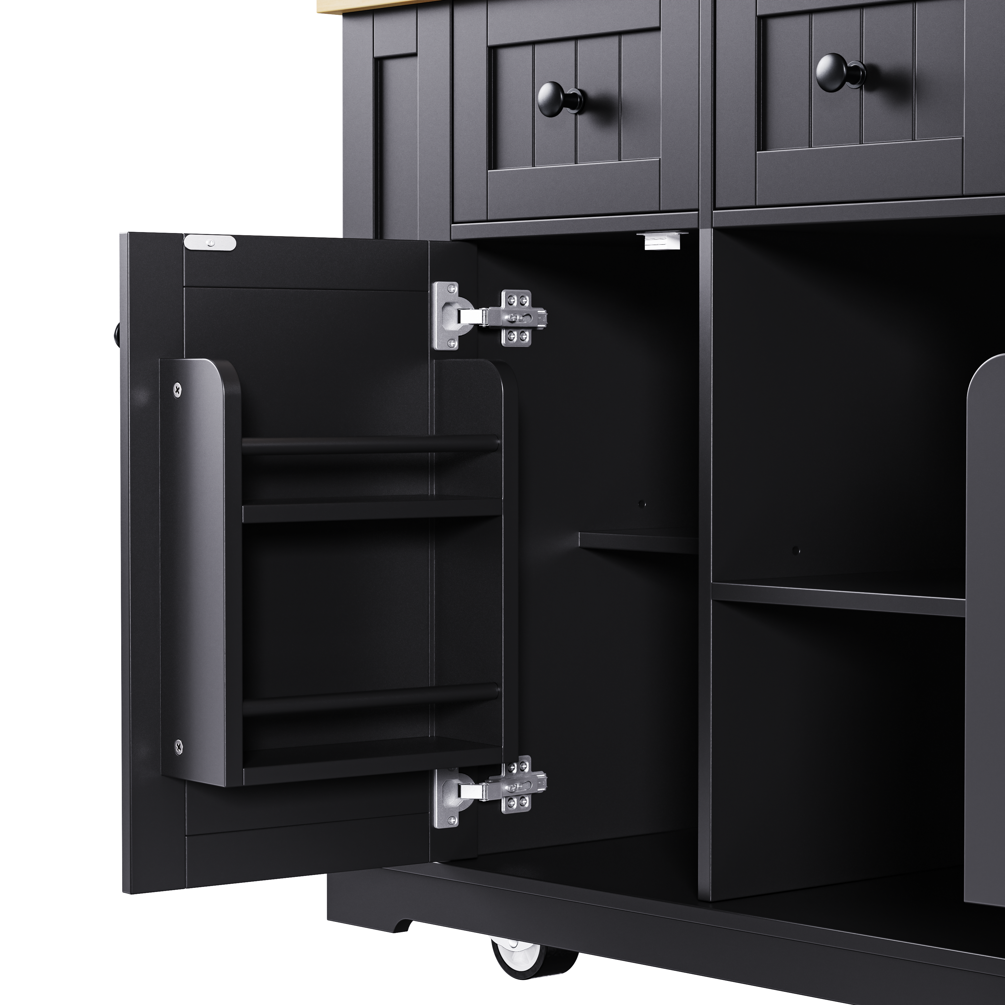 Close-up of Maui black rolling kitchen island featuring interior door storage rack, adjustable cabinet shelves and soft-close hinge detail