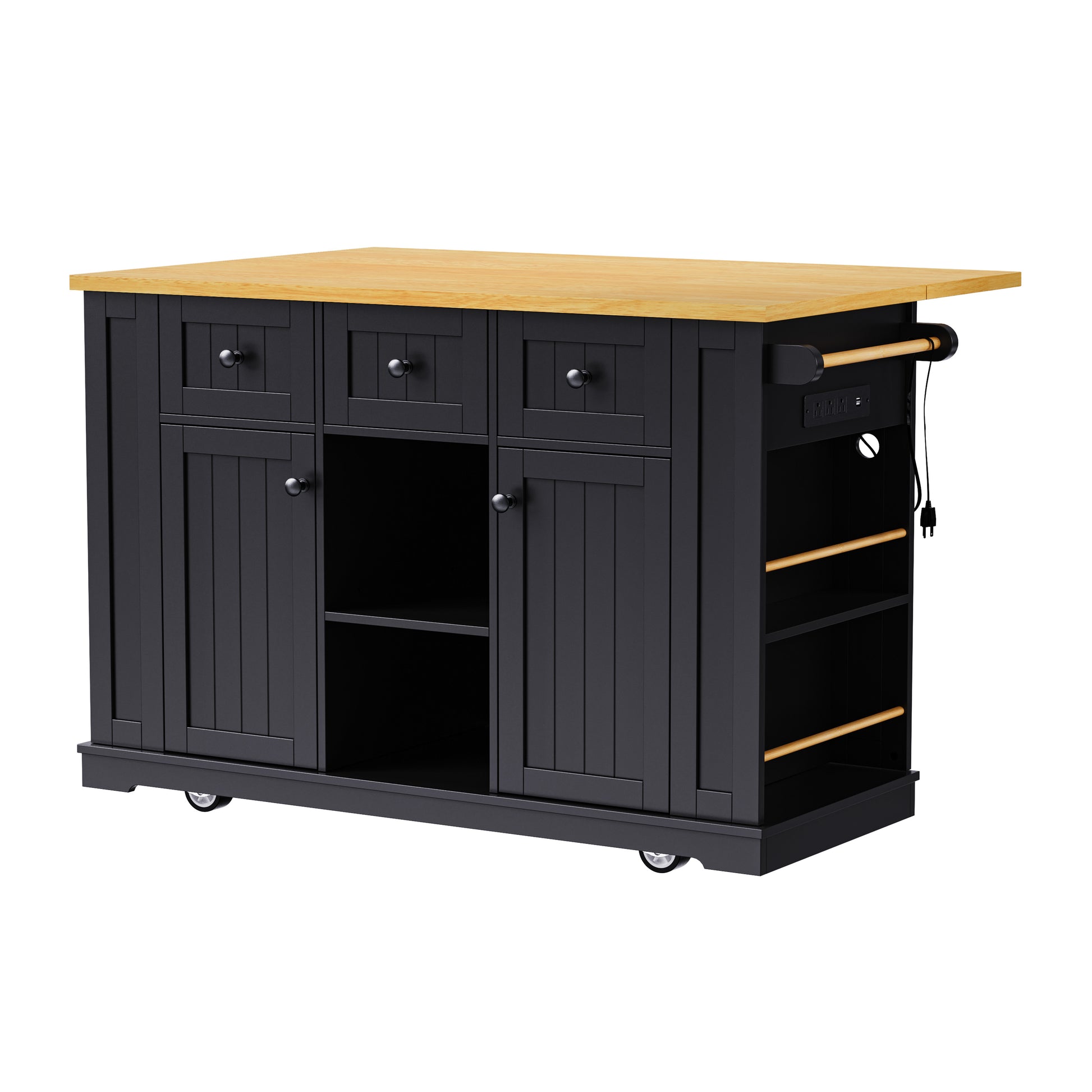 Front angle view of Maui black rolling kitchen island with open center shelf side spice racks built in power outlet and farmhouse cabinet storage on white background