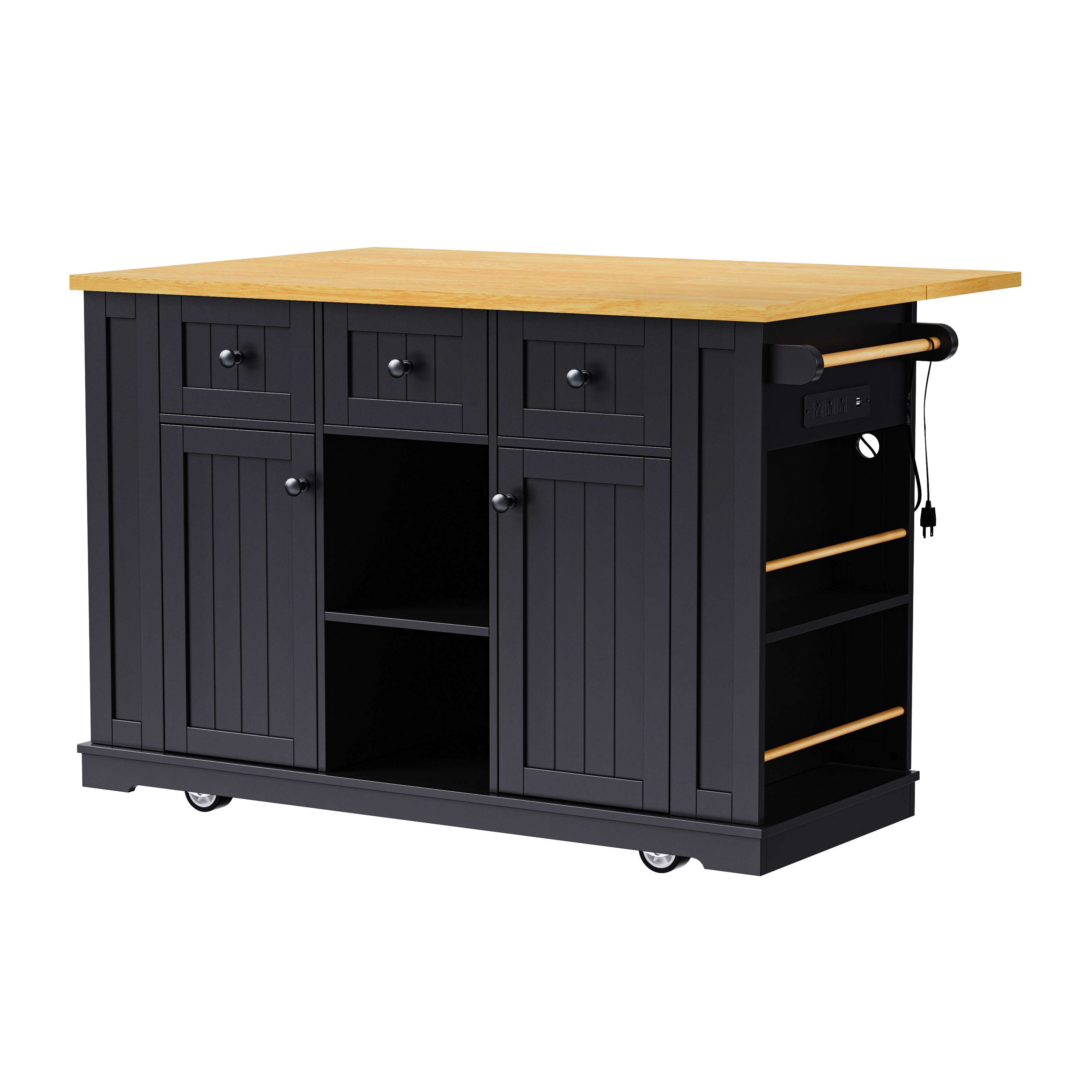 Front angle view of Maui black rolling kitchen island with open center shelf side spice racks built in power outlet and farmhouse cabinet storage on white background