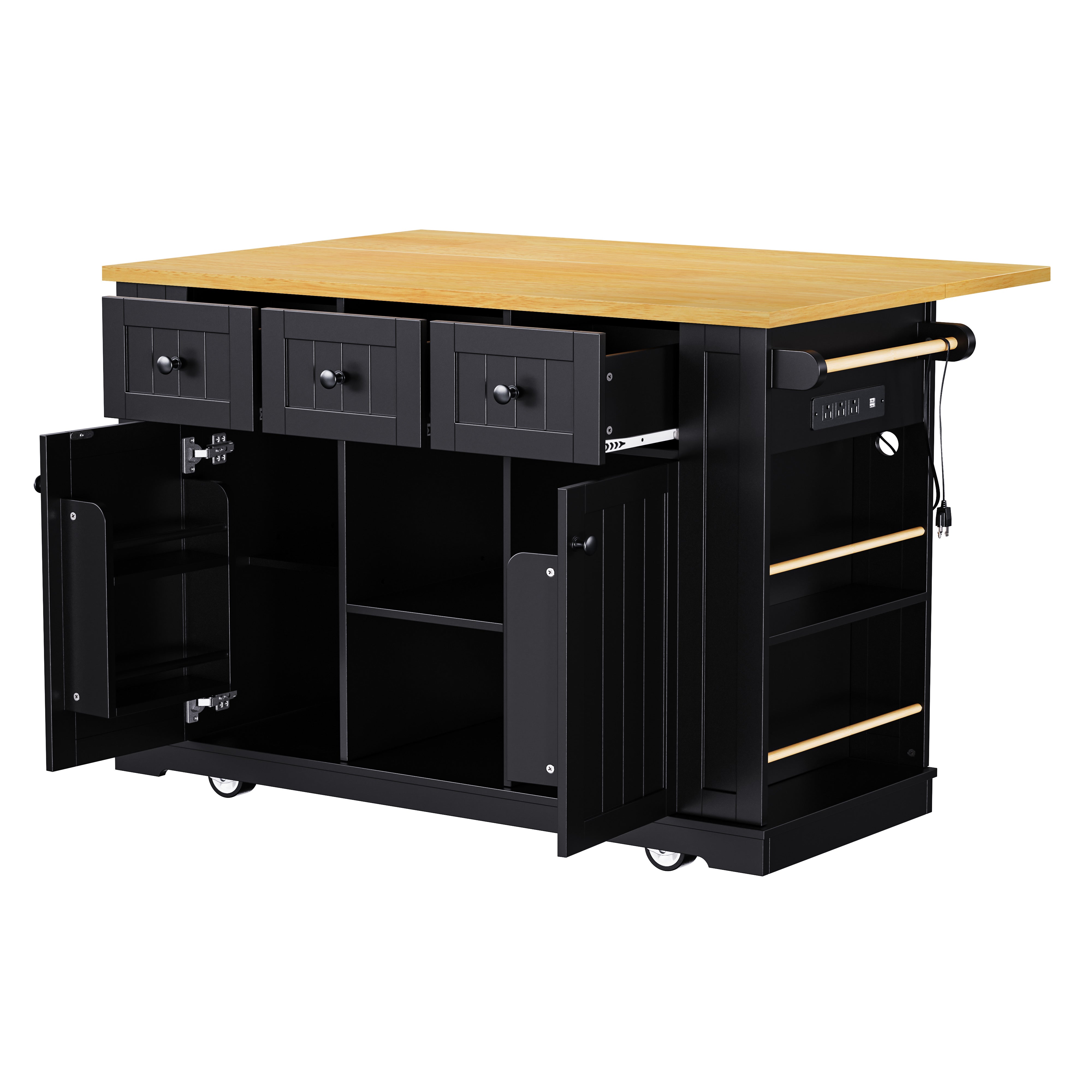 Angle view of Maui black rolling kitchen island with open drawers cabinet doors side spice racks built in power outlet and interior storage compartments on white background