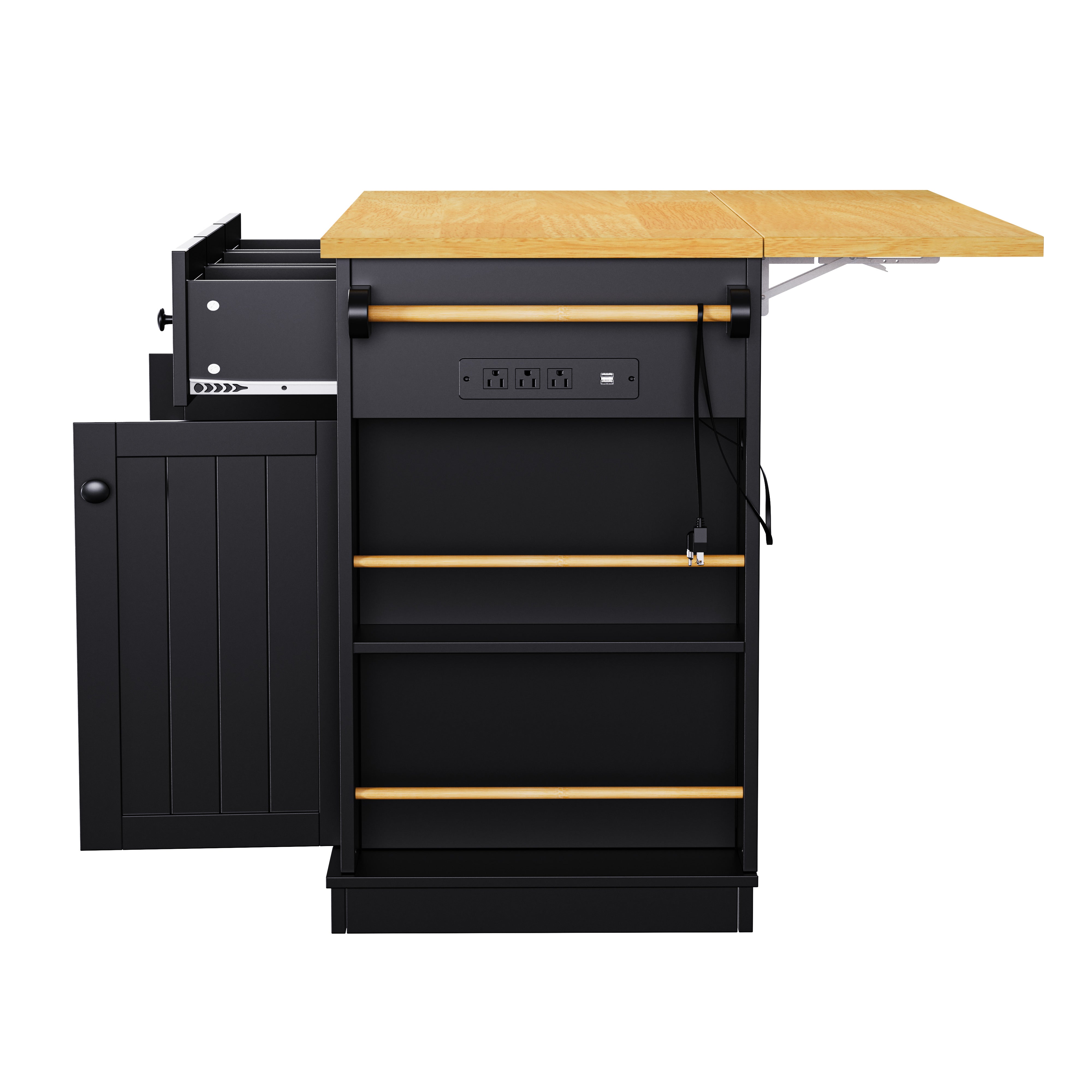 Side view of Maui black rolling kitchen island with expanded drop leaf built in power outlet open side spice racks and storage cabinet on white background