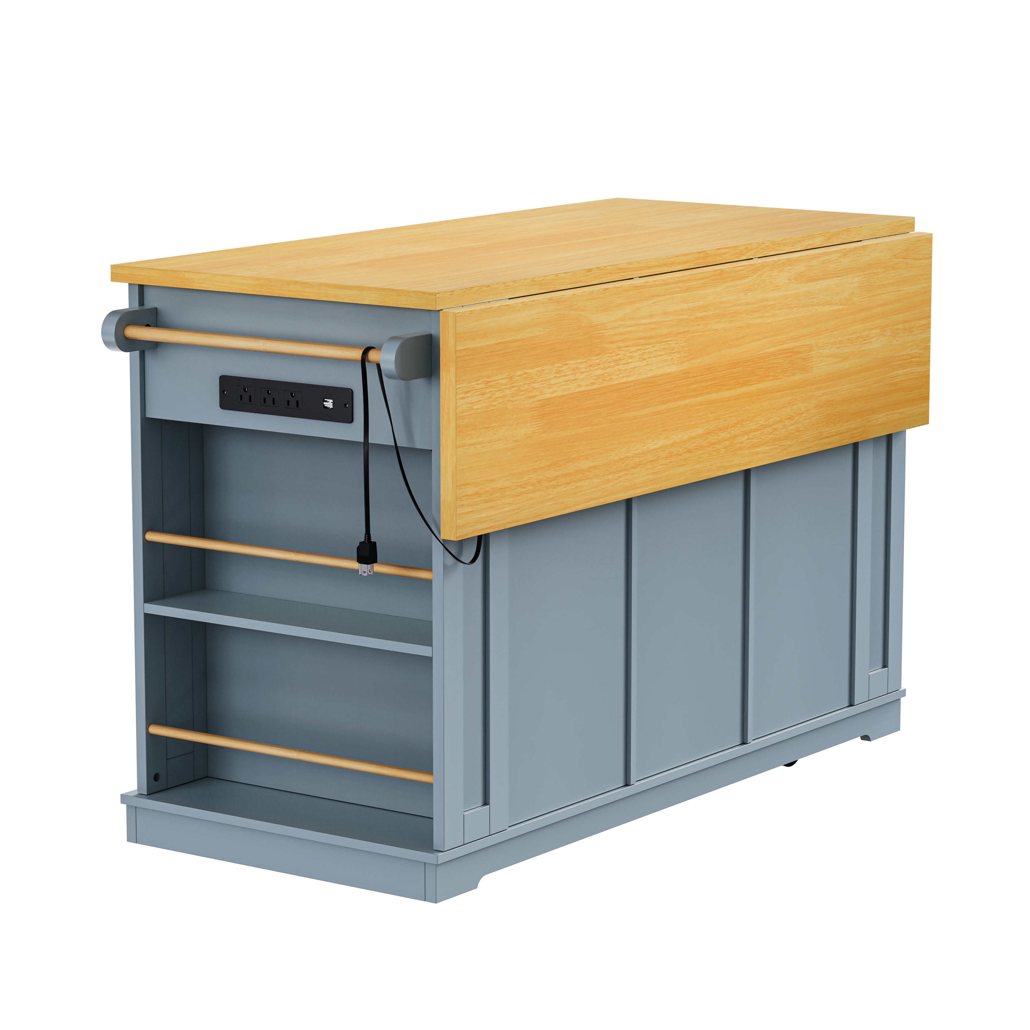 Back angle view of Maui gray blue rolling kitchen island with folded drop leaf countertop open side spice racks built in power outlet and farmhouse panel design on white background
