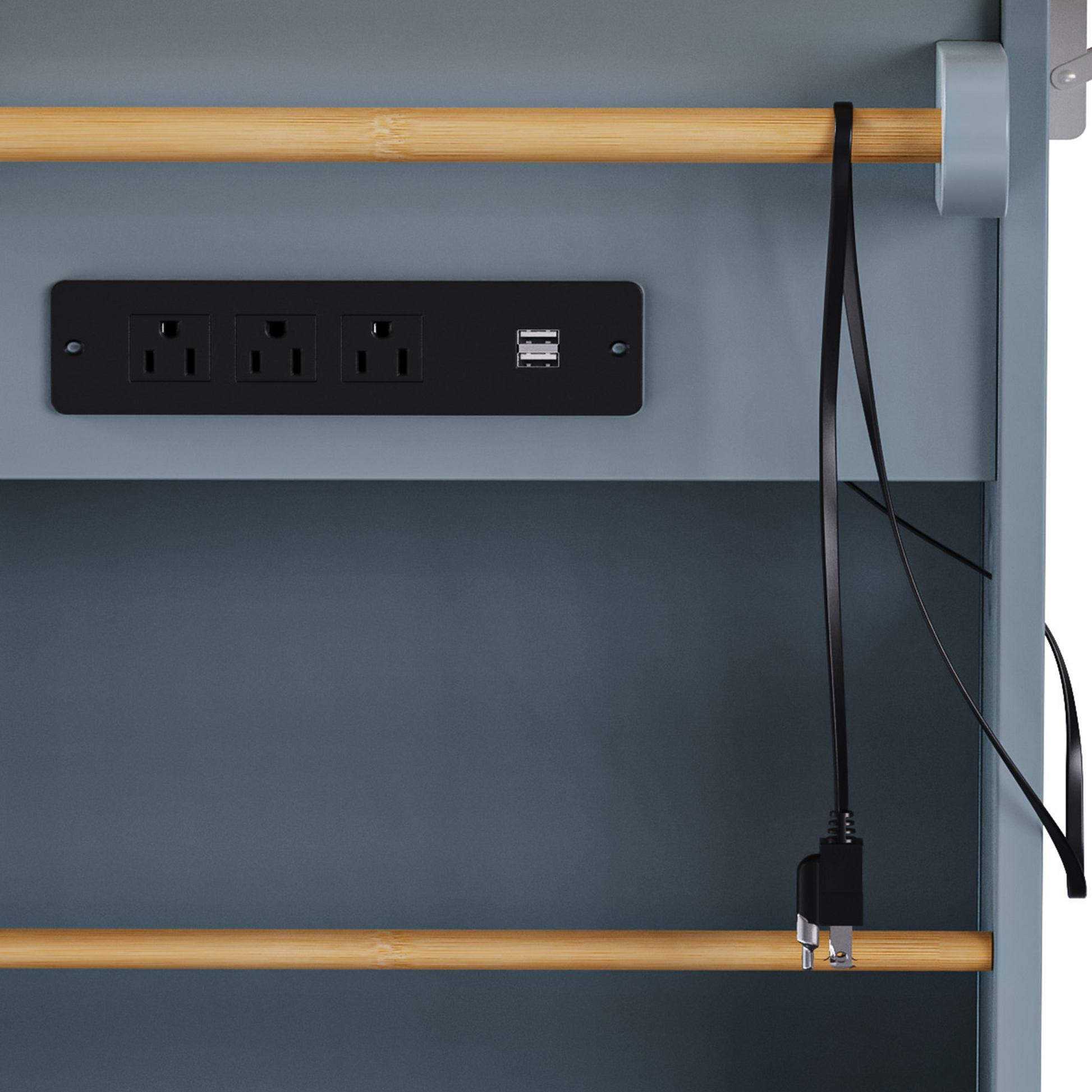Close-up detail of Maui gray blue rolling kitchen island featuring built-in power outlet, USB charging port and side towel bar storage shelf system
