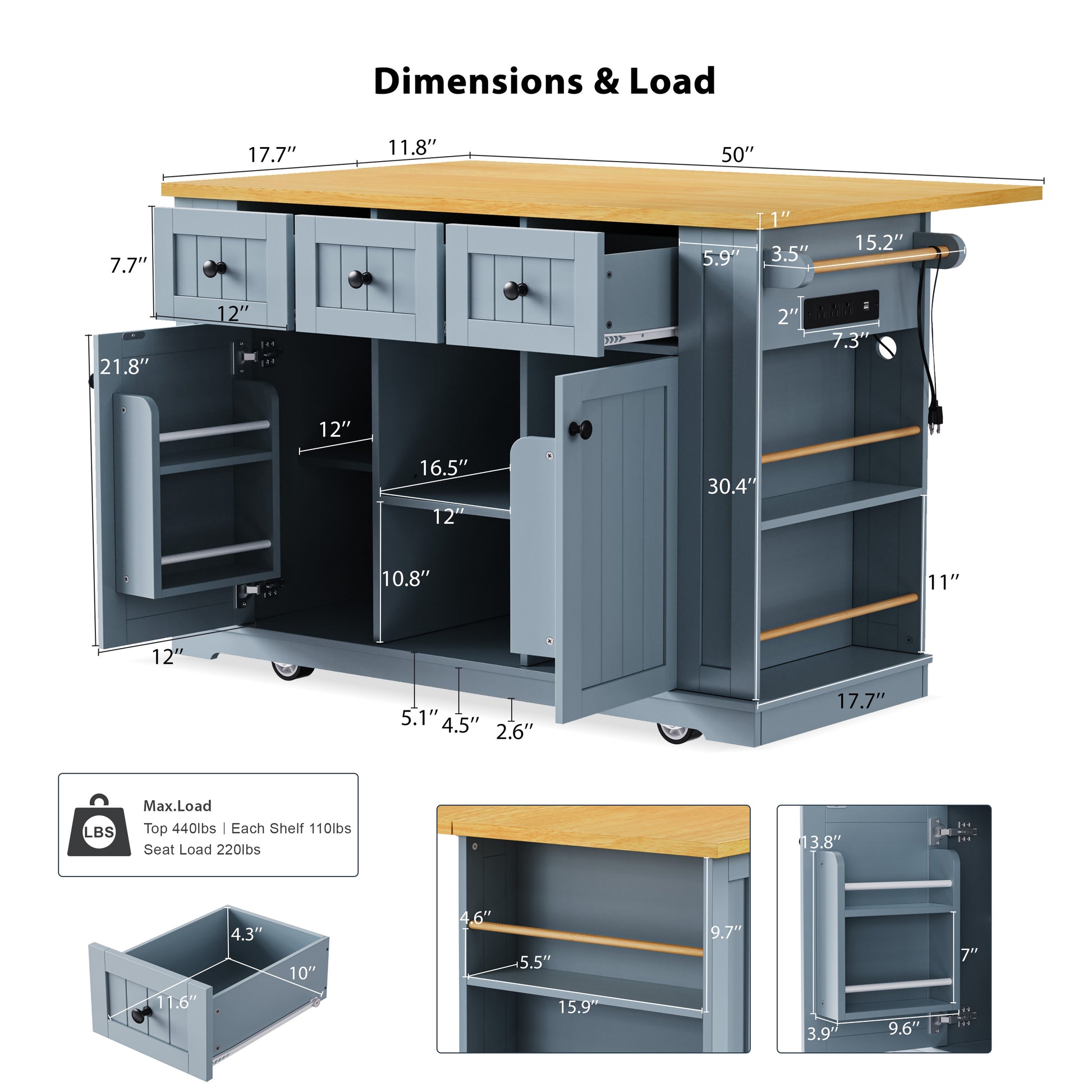 Dimensions and load capacity chart for Maui gray blue rolling kitchen island showing product measurements, drawer size, side rack dimensions and weight capacity details