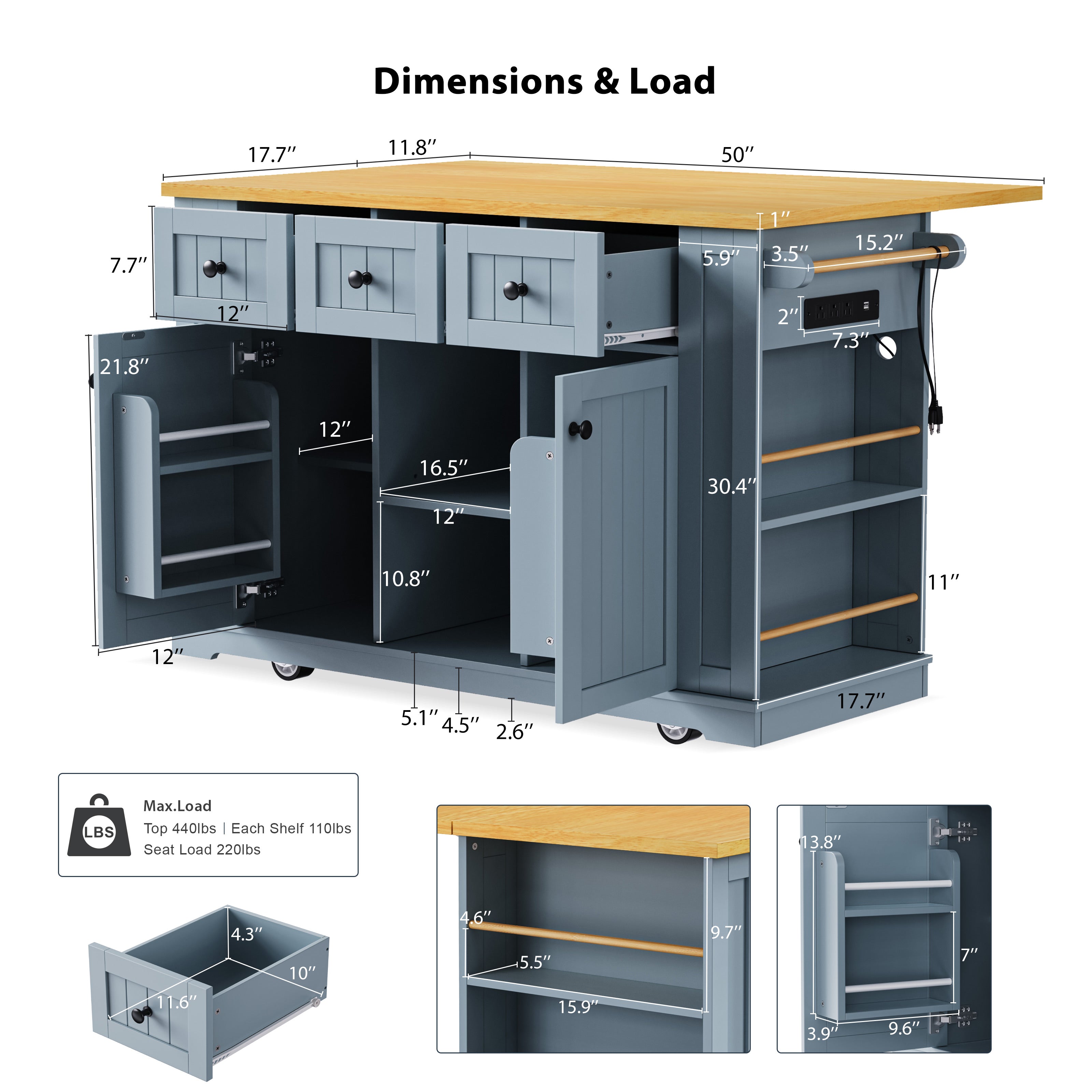 Dimensions and load capacity chart for Maui gray blue rolling kitchen island showing product measurements, drawer size, side rack dimensions and weight capacity details
