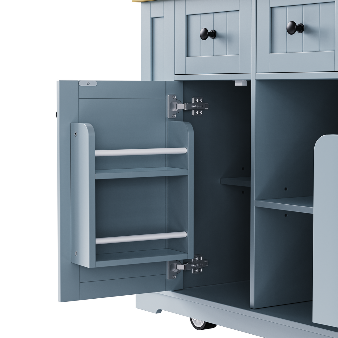 Close-up of Maui gray blue rolling kitchen island featuring interior door storage rack, adjustable cabinet shelves and soft-close hinge detail