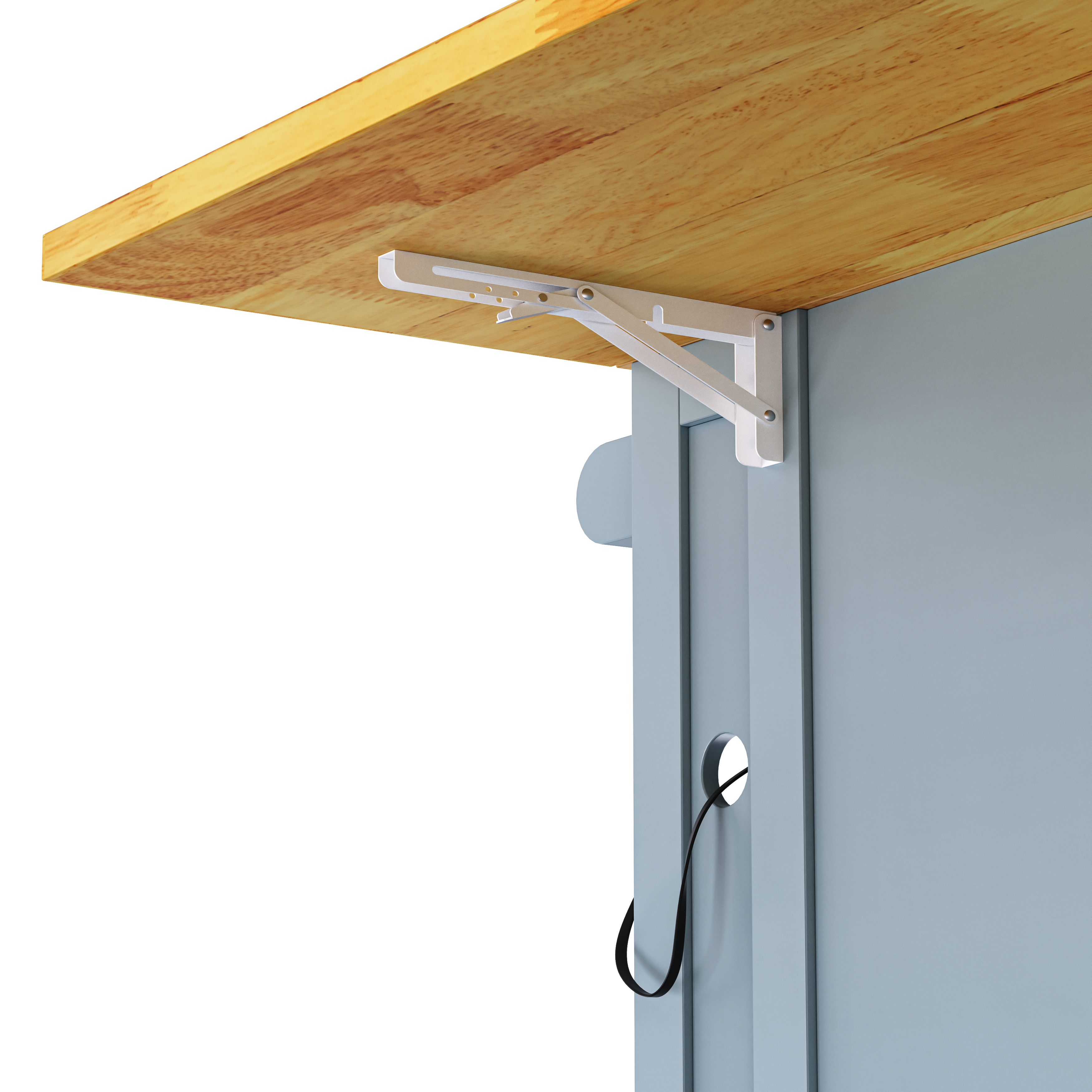Close-up detail of Maui gray blue rolling kitchen island showing foldable drop leaf support bracket and expandable wood countertop design