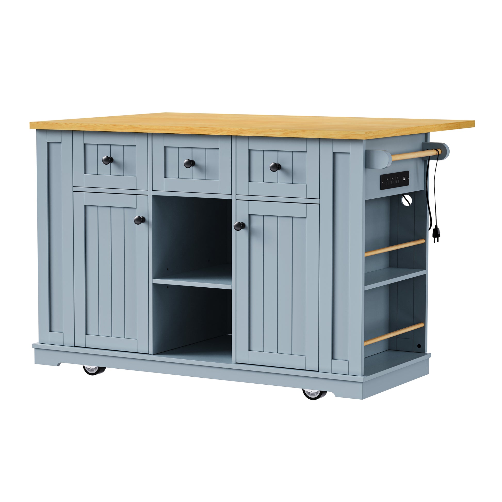Front angle view of Maui gray blue rolling kitchen island with open center shelf side spice racks built in power outlet and farmhouse cabinet storage on white background
