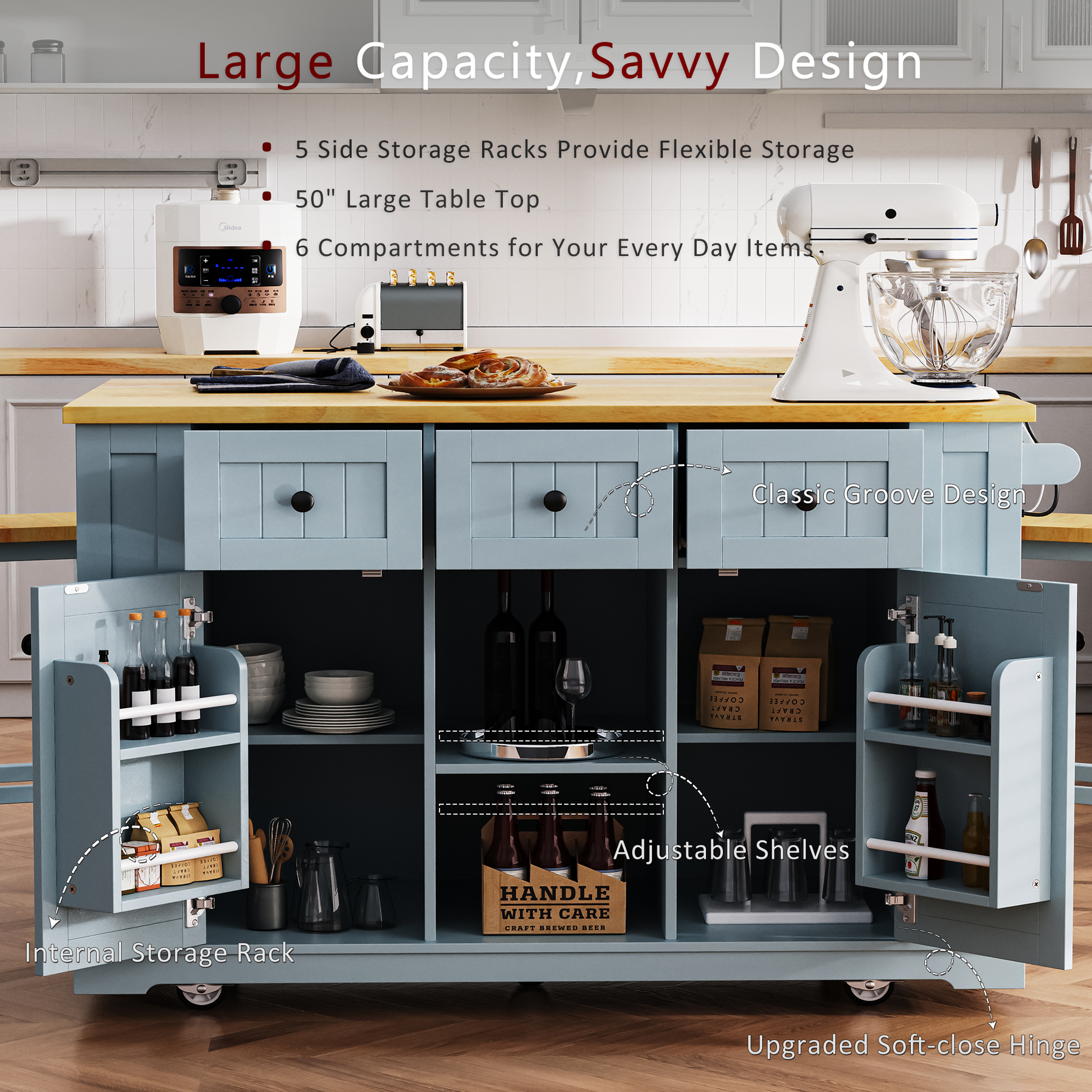 Feature infographic of Maui gray blue rolling kitchen island showing large storage capacity adjustable shelves soft close hinges interior storage racks and farmhouse groove panel design