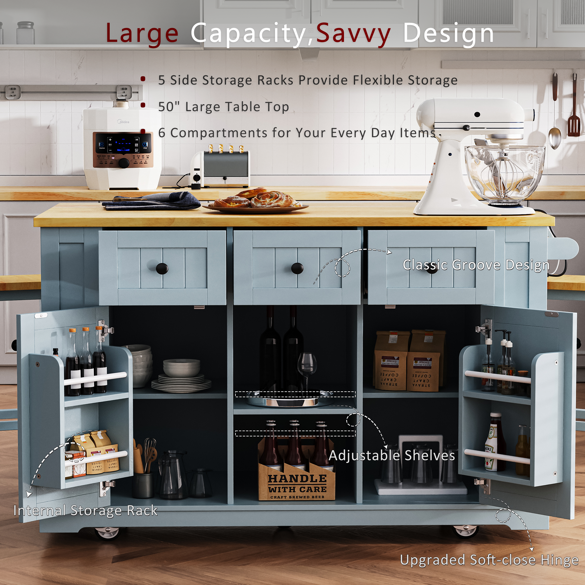 Feature infographic of Maui gray blue rolling kitchen island showing large storage capacity adjustable shelves soft close hinges interior storage racks and farmhouse groove panel design